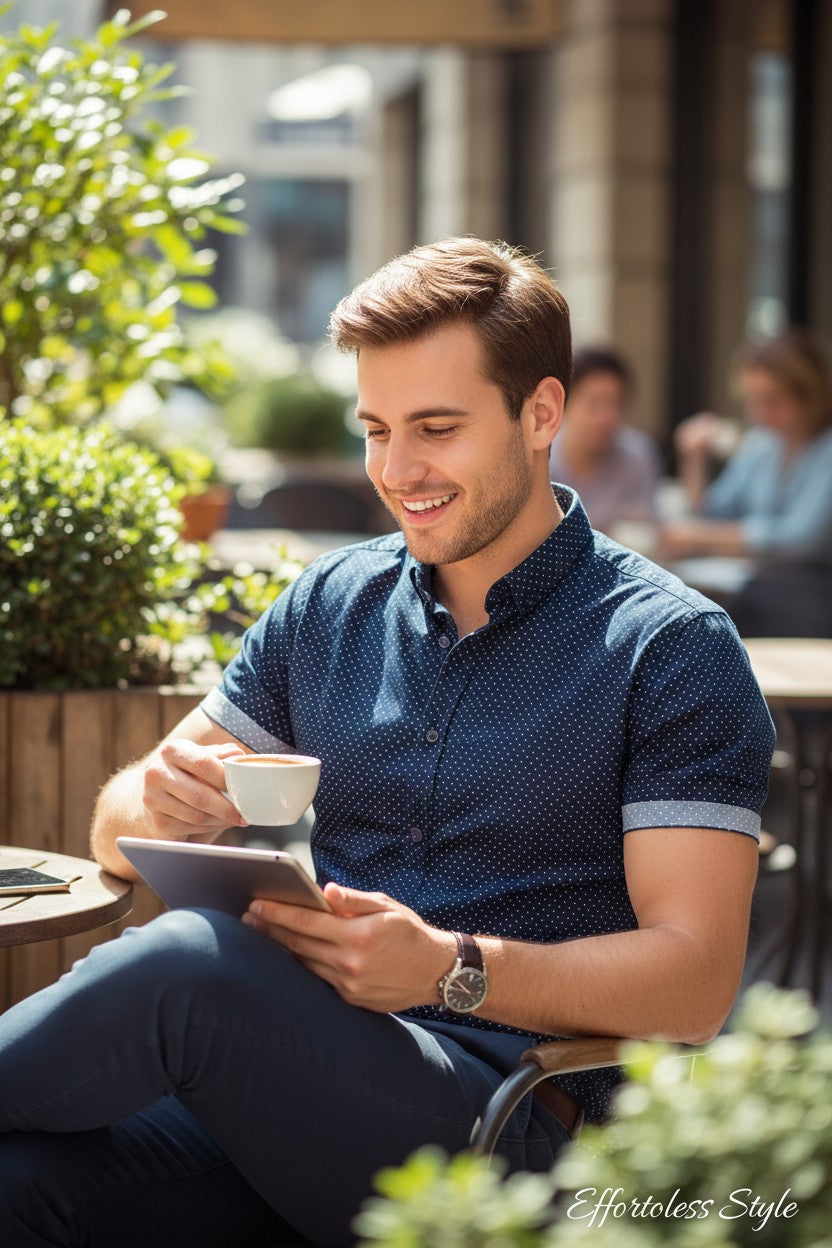 Homme souriant portant une chemise Frippindealz C&A bleu marine à micro-pois, coupe regular fit, en terrasse.
