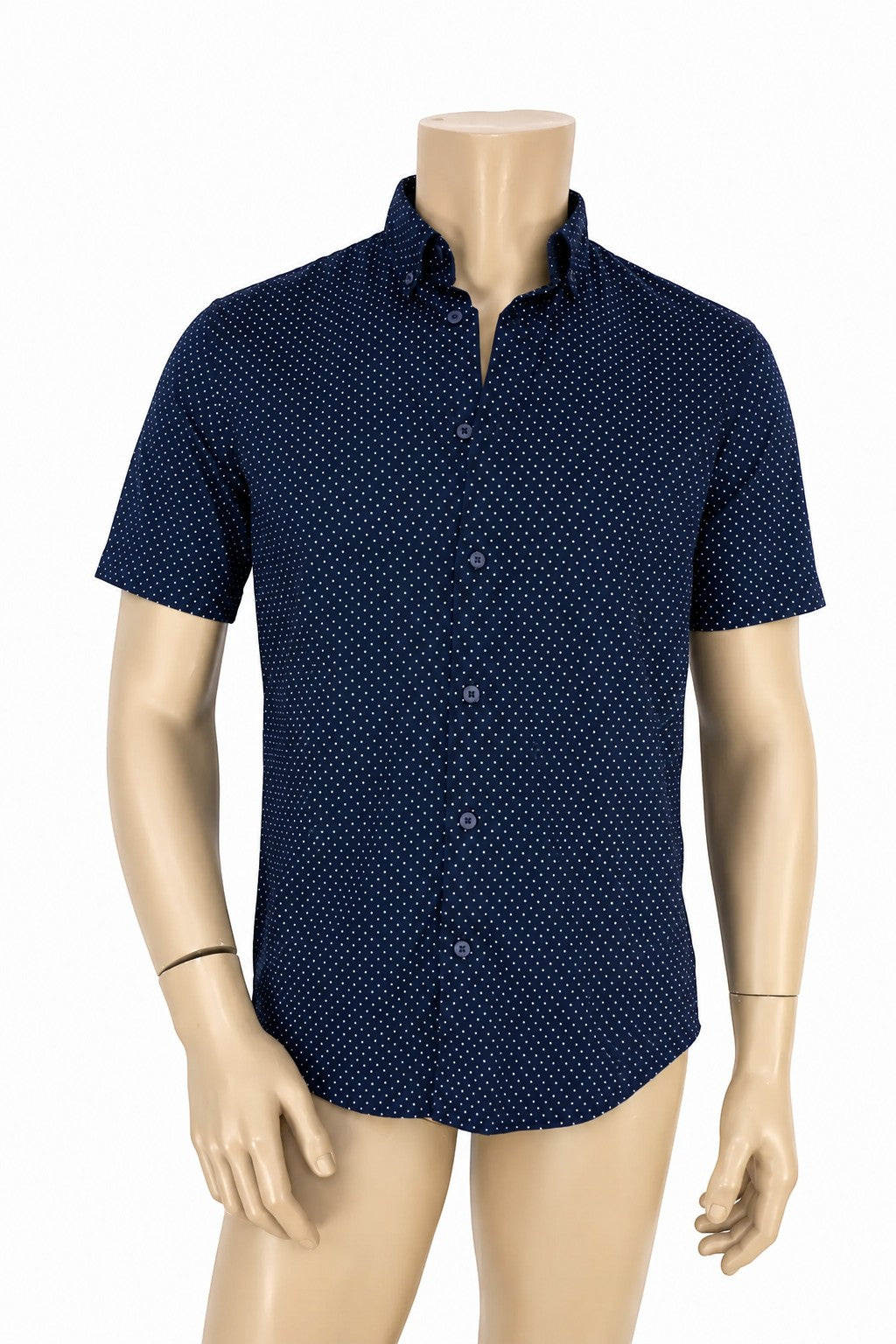 Chemise homme Frippindealz C&A bleu marine à micro-pois blancs, manches courtes, coupe regular fit, col boutonné.
