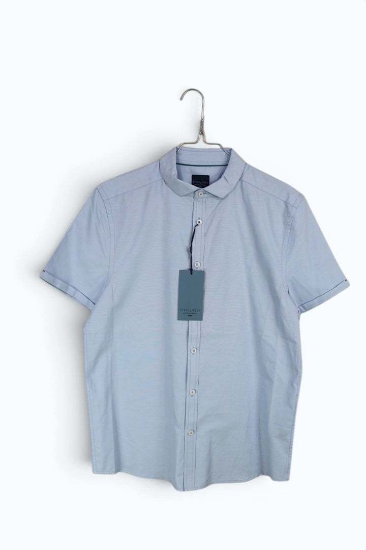 Chemise homme Frippindealz Steel & Jelly bleu clair à manches courtes en coton et polyester, neuve avec étiquette