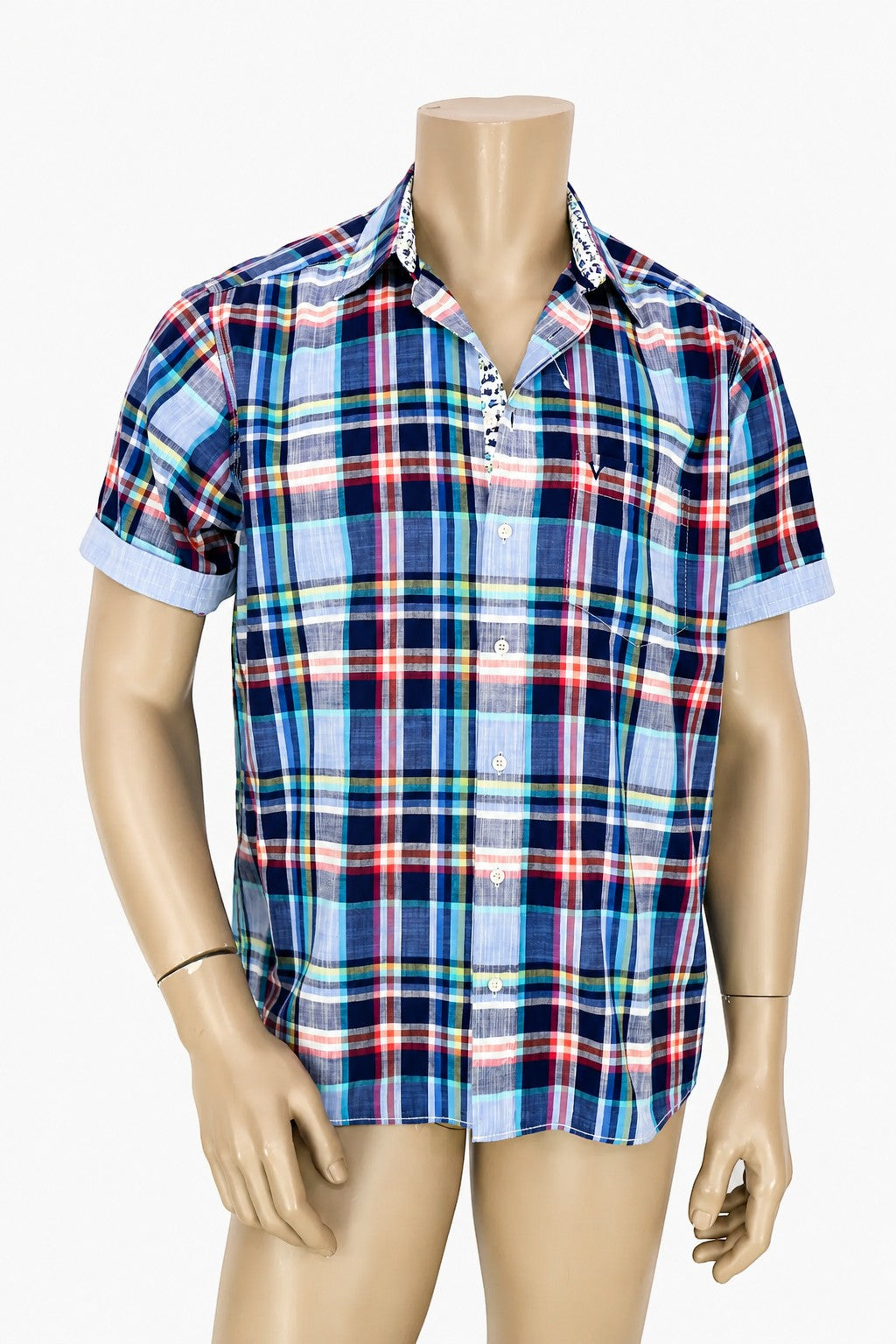 Chemise homme manches courtes Frippindealz en coton à carreaux bleus et multicolores avec détails imprimés scooters