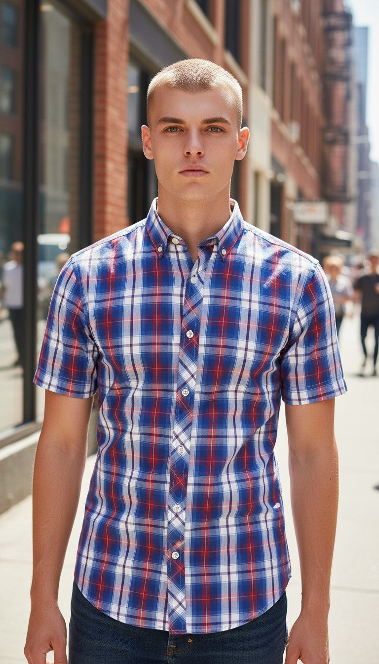 Homme portant une chemise Frippindealz FSBN à carreaux bleus, rouges et blancs en coton avec coupe slim et manches courtes