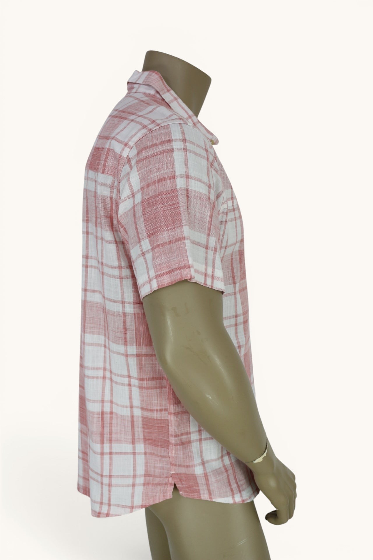 Chemise homme Frippindealz Mountain Warehouse en coton rose et blanc à carreaux, manches courtes, style casual.