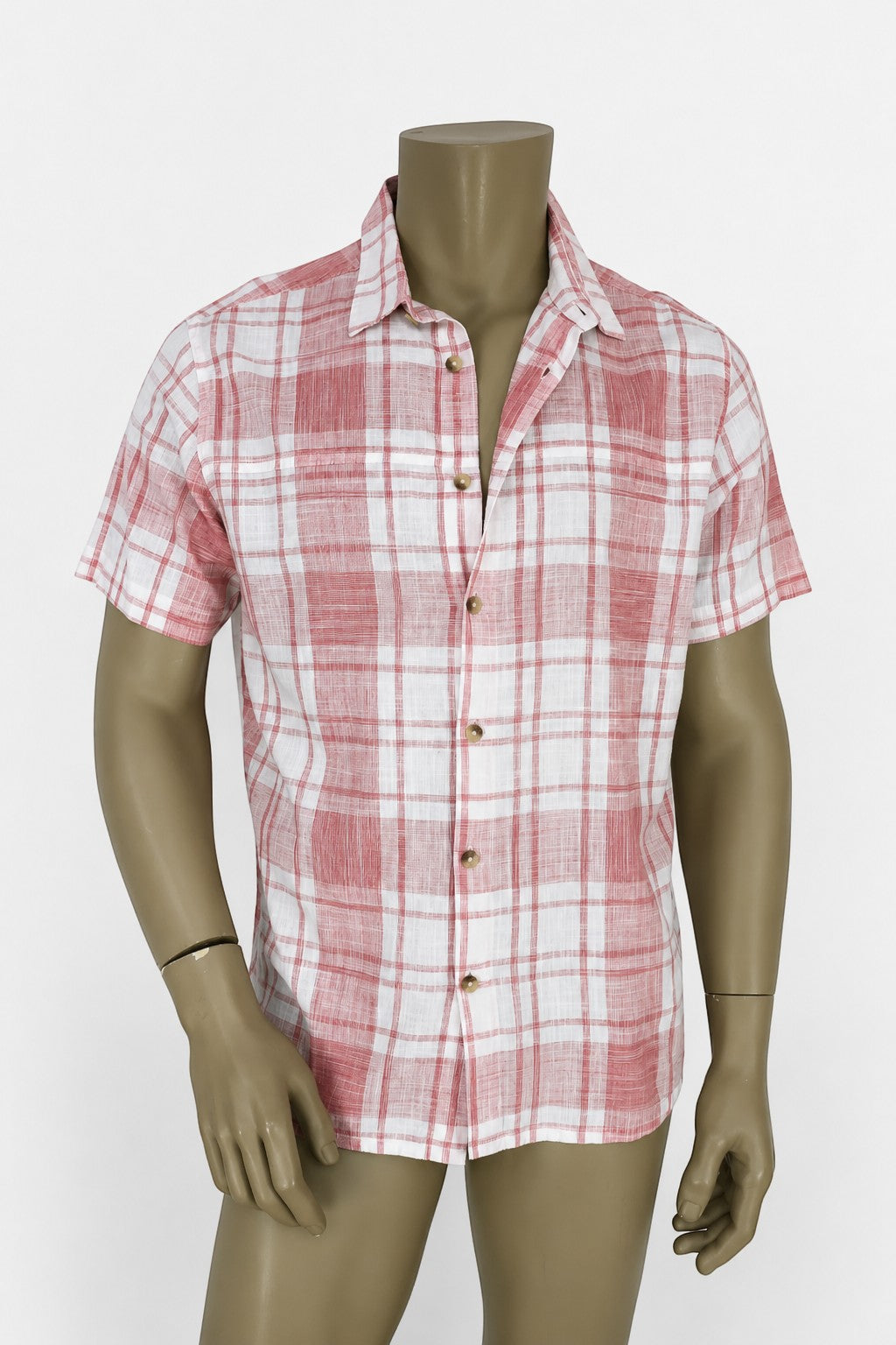 Chemise homme Frippindealz Mountain Warehouse à manches courtes, motif carreaux rose et blanc, 100% coton, boutons bois