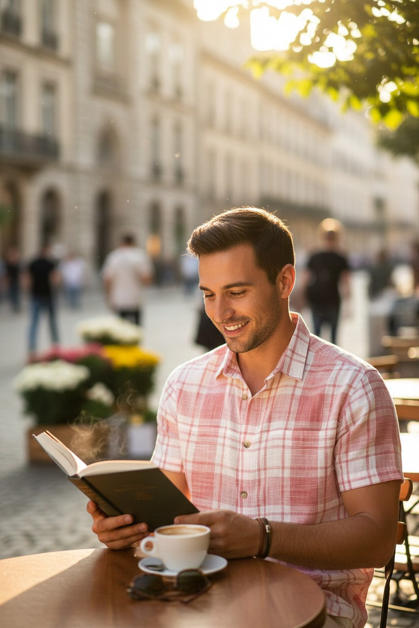 Homme souriant portant une chemise Frippindealz Mountain Warehouse à carreaux rose et blanc en terrasse de café