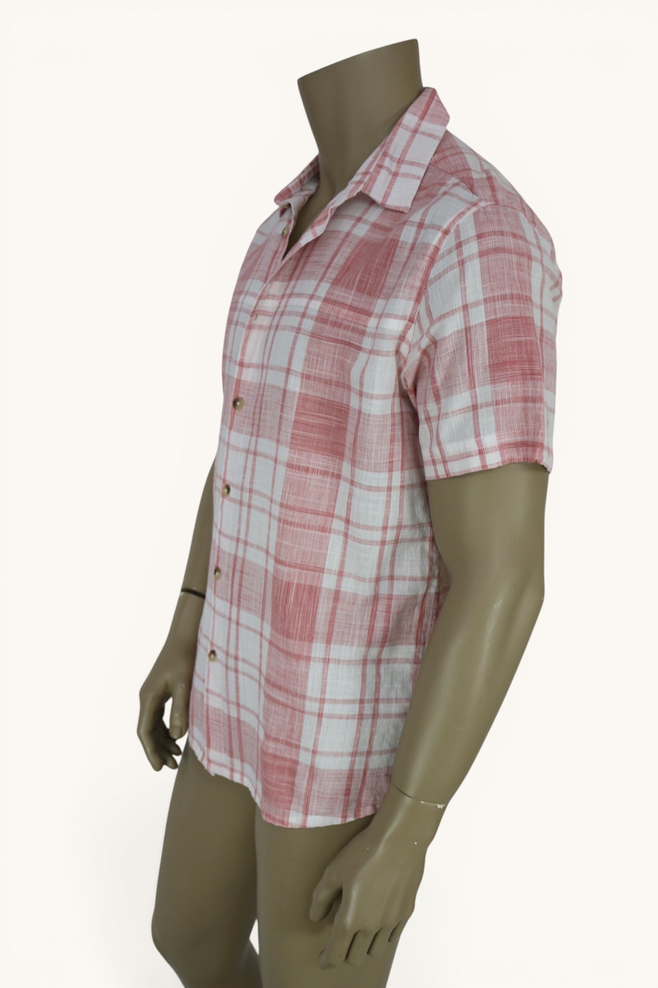 Chemise homme Frippindealz Mountain Warehouse à carreaux rose et blanc, manches courtes en coton, boutons effet bois.