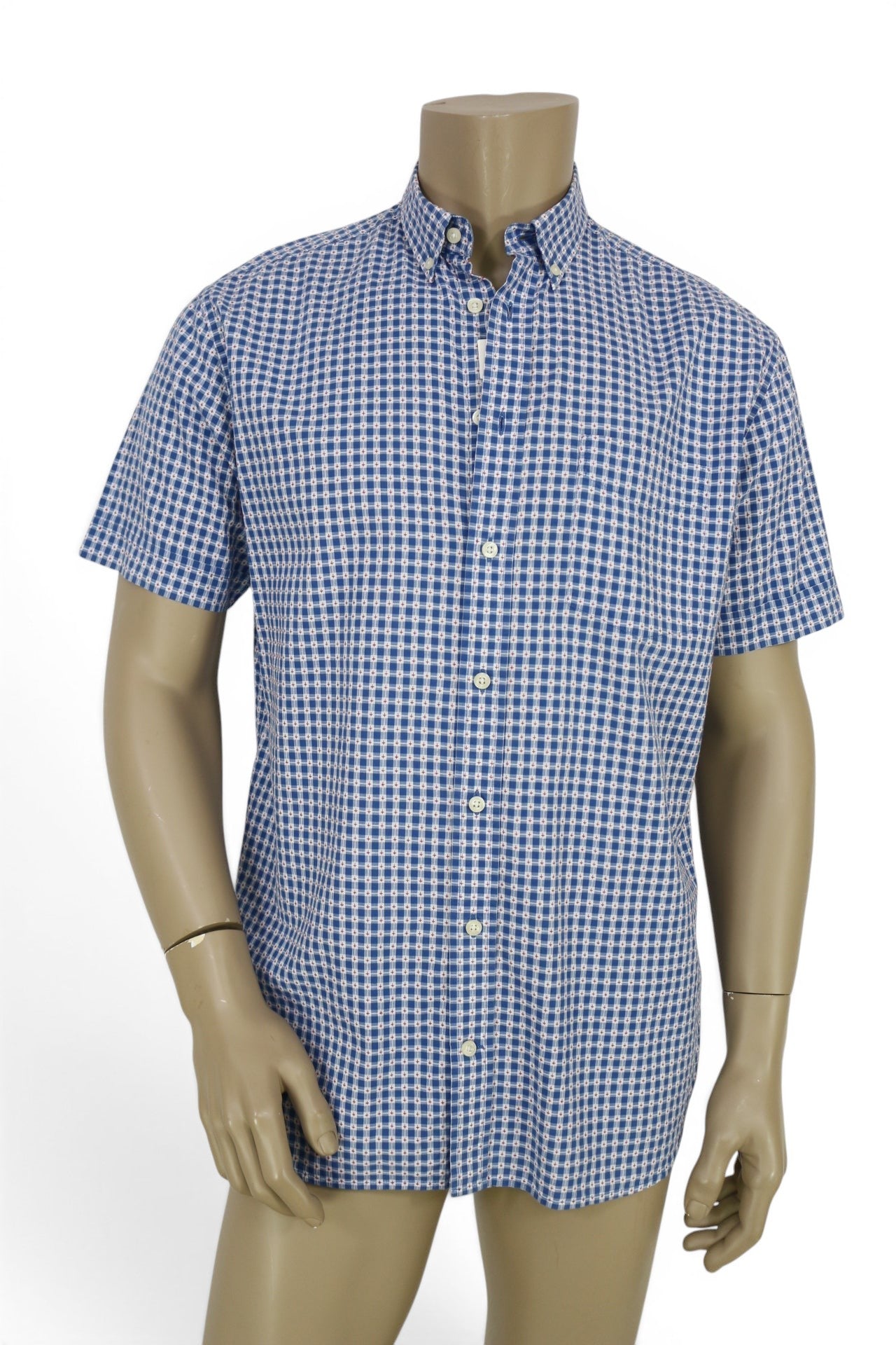 Chemise homme Frippindealz Giovanni Galli manches courtes, bleu à micro carreaux, coupe Vintage Fit, col boutonné.