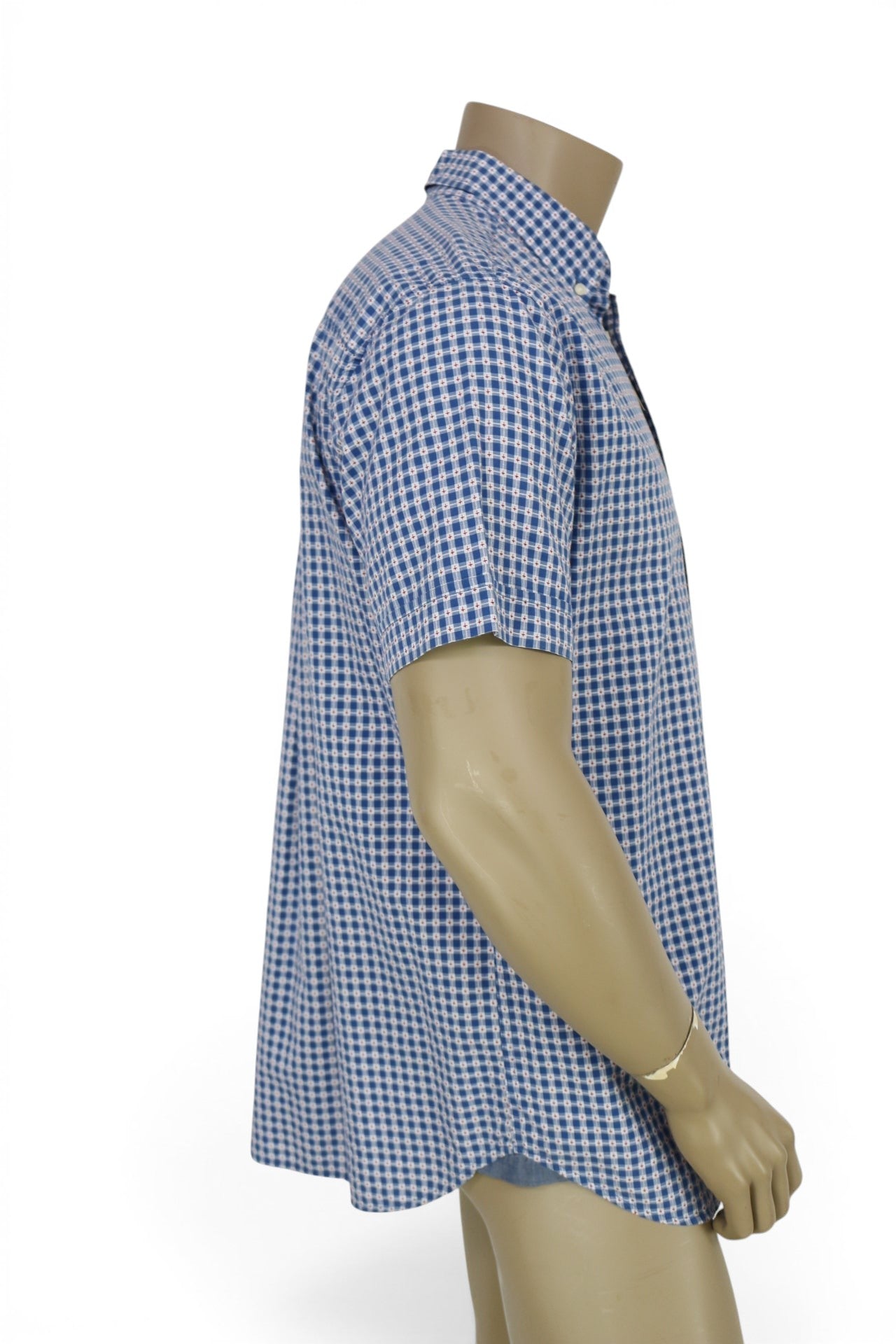 Chemise homme manches courtes Giovanni Galli Vintage Fit bleue à micro carreaux blancs et rouges, col boutonné.