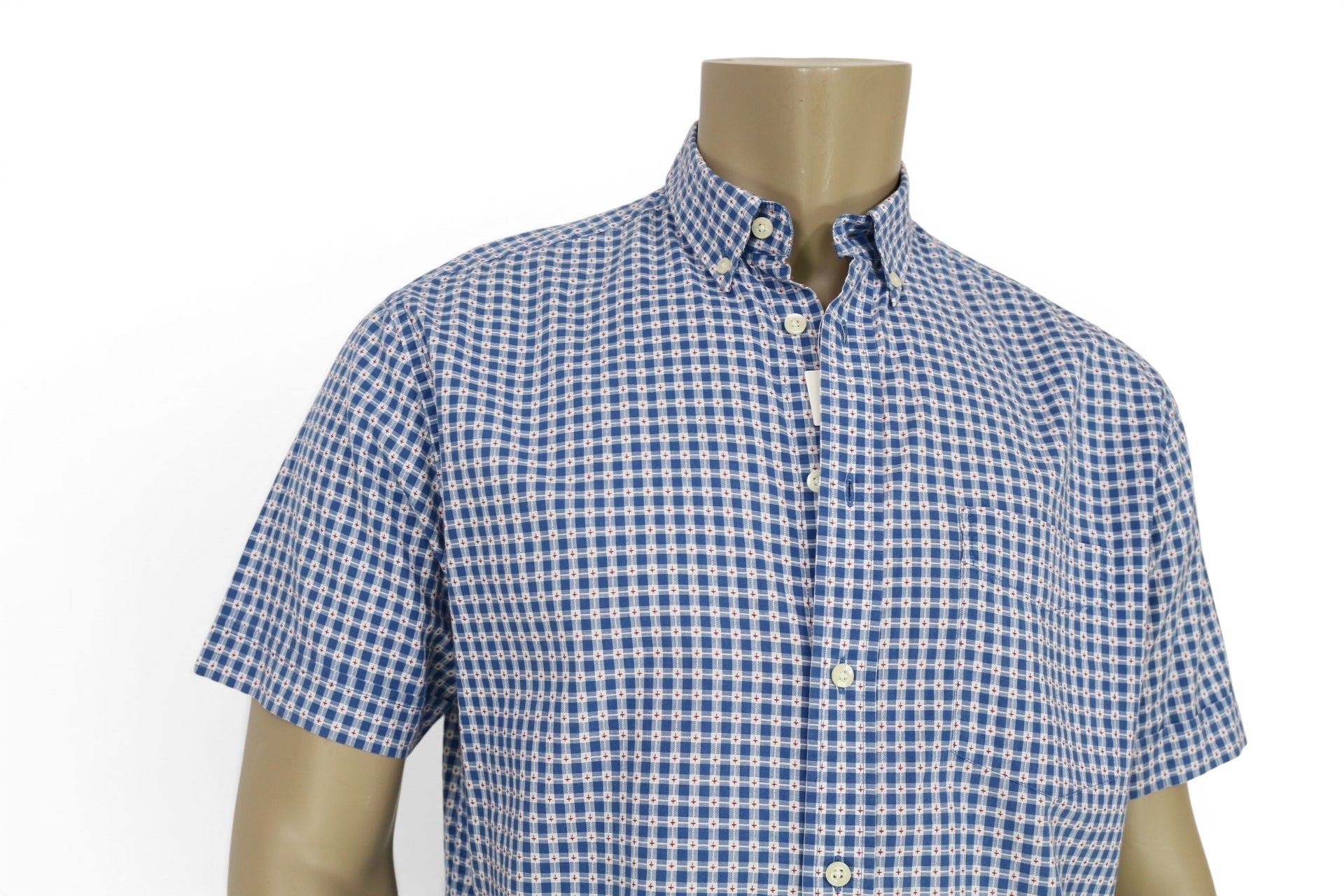 Chemise homme manches courtes Frippindealz Giovanni Galli à micro carreaux bleus, blancs et rouges, col boutonné.