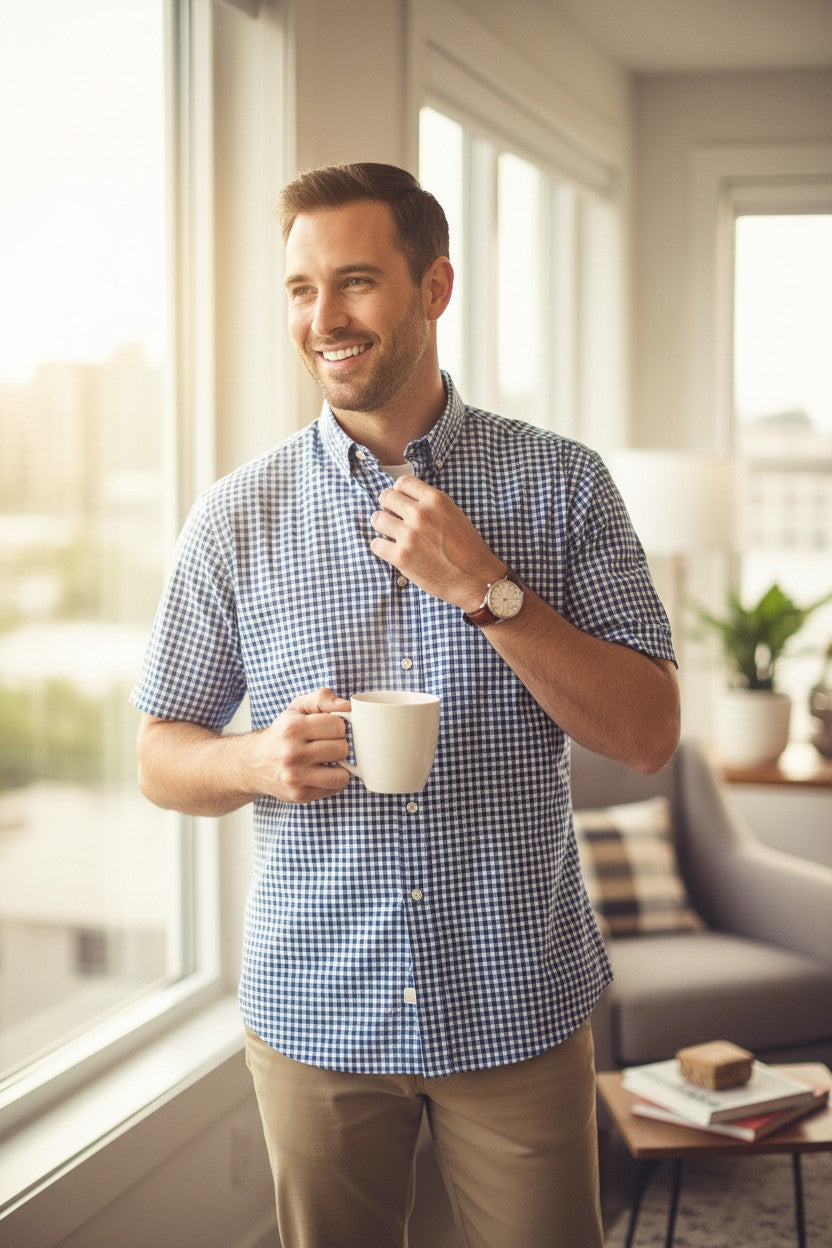 Homme souriant portant une chemise Giovanni Galli à manches courtes, motif micro carreaux bleus, col boutonné, taille L