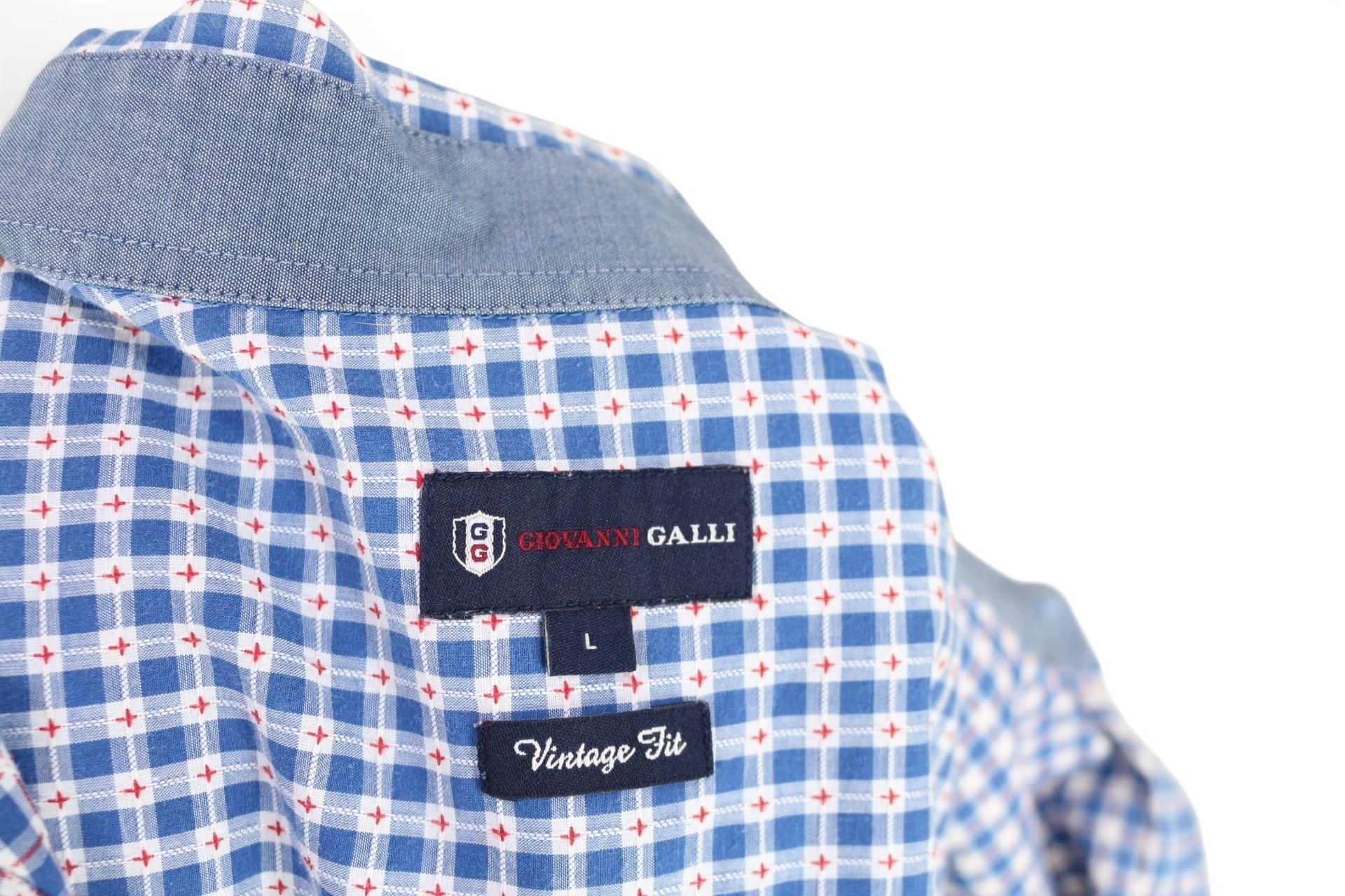 Chemise homme Frippindealz Giovanni Galli Vintage Fit bleue à micro carreaux et détails rouges, taille L