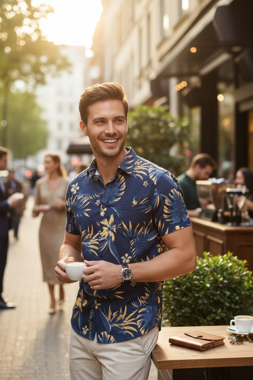 Homme souriant portant une chemise Manfinity bleu marine à imprimé tropical jaune en terrasse, style casual chic.