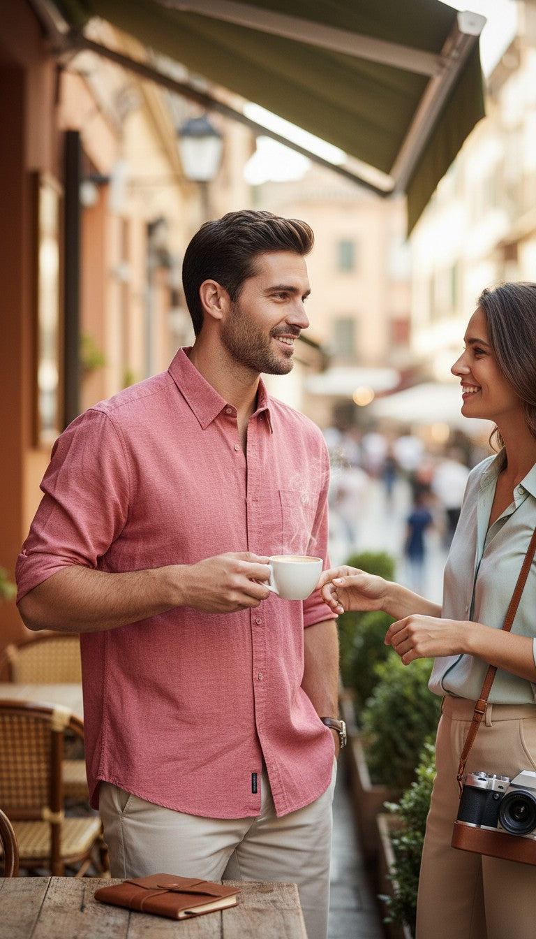Homme portant une chemise Frippindealz Dressmann rouge en lin et coton à manches courtes en terrasse de café