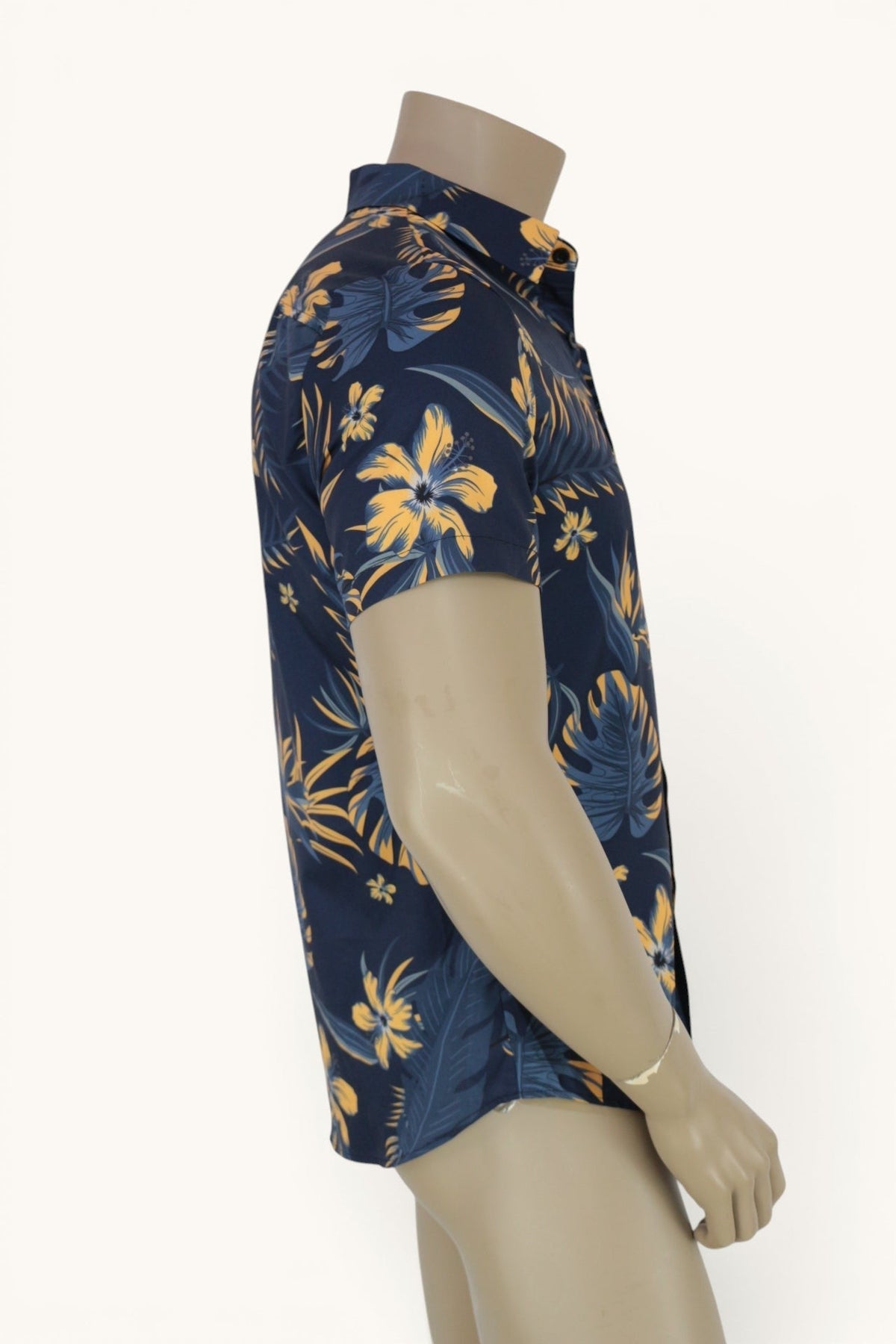 Chemise homme Frippindealz Manfinity bleu marine à imprimé tropical jaune, manches courtes en polyester, coupe droite