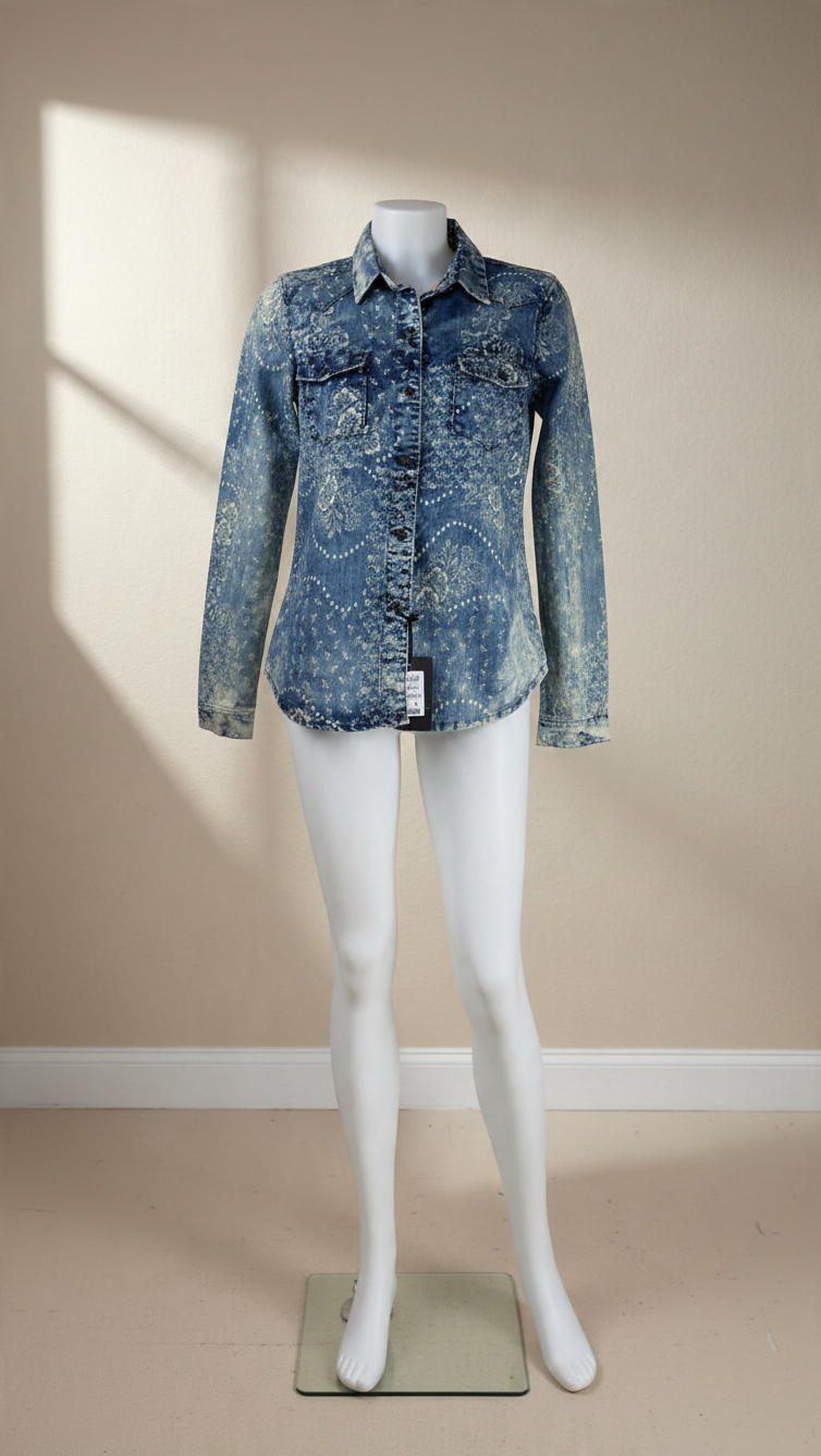 Chemise en jean Frippindealz bleue à imprimé floral vintage, coupe cintrée avec poches poitrine et boutons contrastés