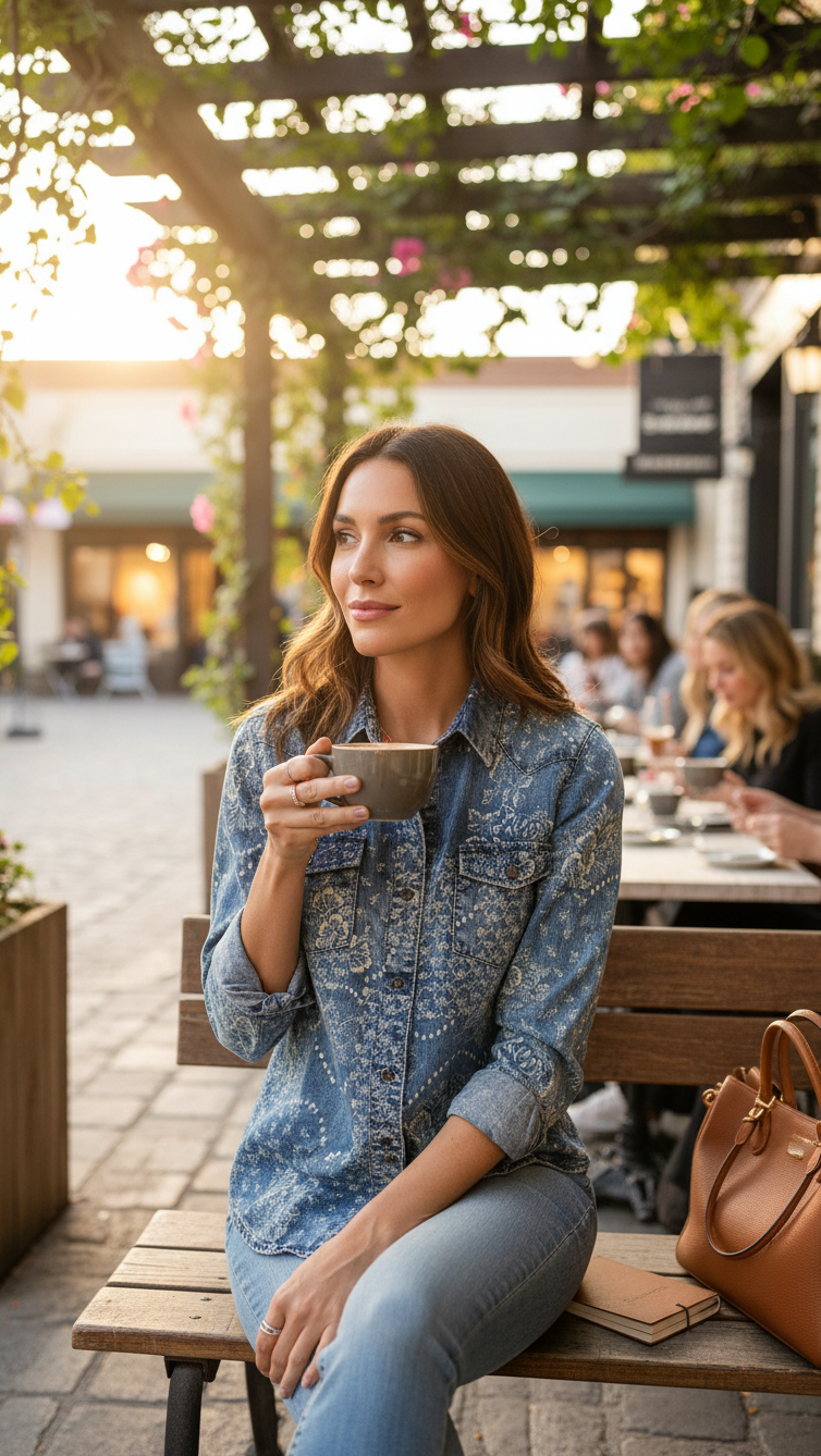 Femme portant une chemise en jean Frippindealz bleue à imprimé floral vintage avec poches poitrine en terrasse