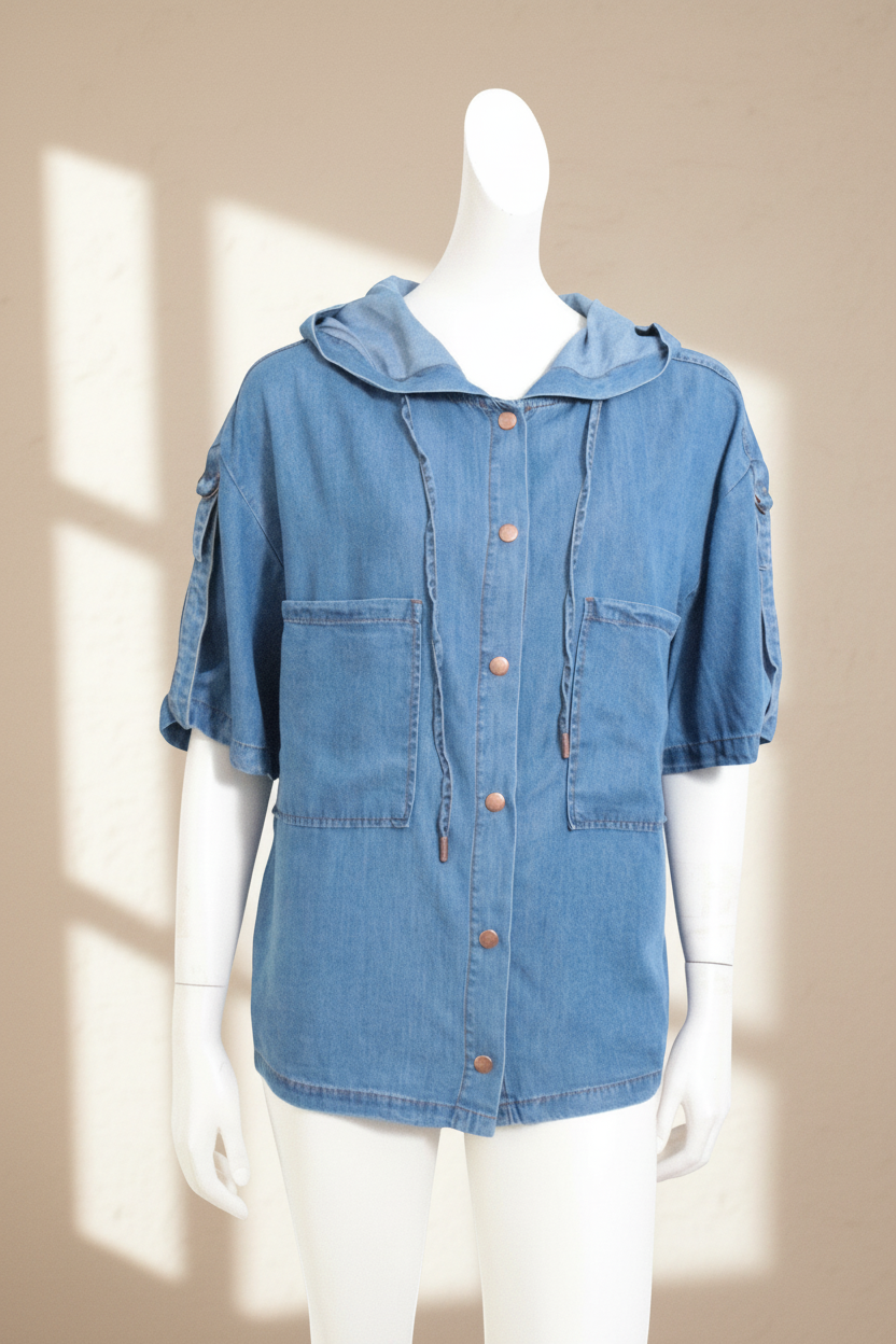 Chemise en lyocell bleu Frippindealz avec capuche, manches courtes, poches avant et boutons métalliques sur mannequin