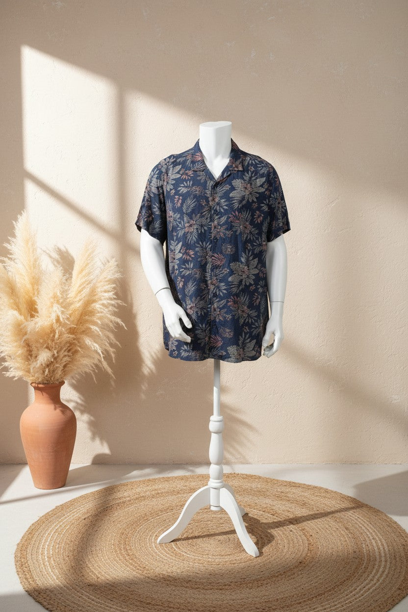 Chemise Frippindealz Jean Pascale en viscose bleu avec imprimé tropical, col ouvert et manches courtes