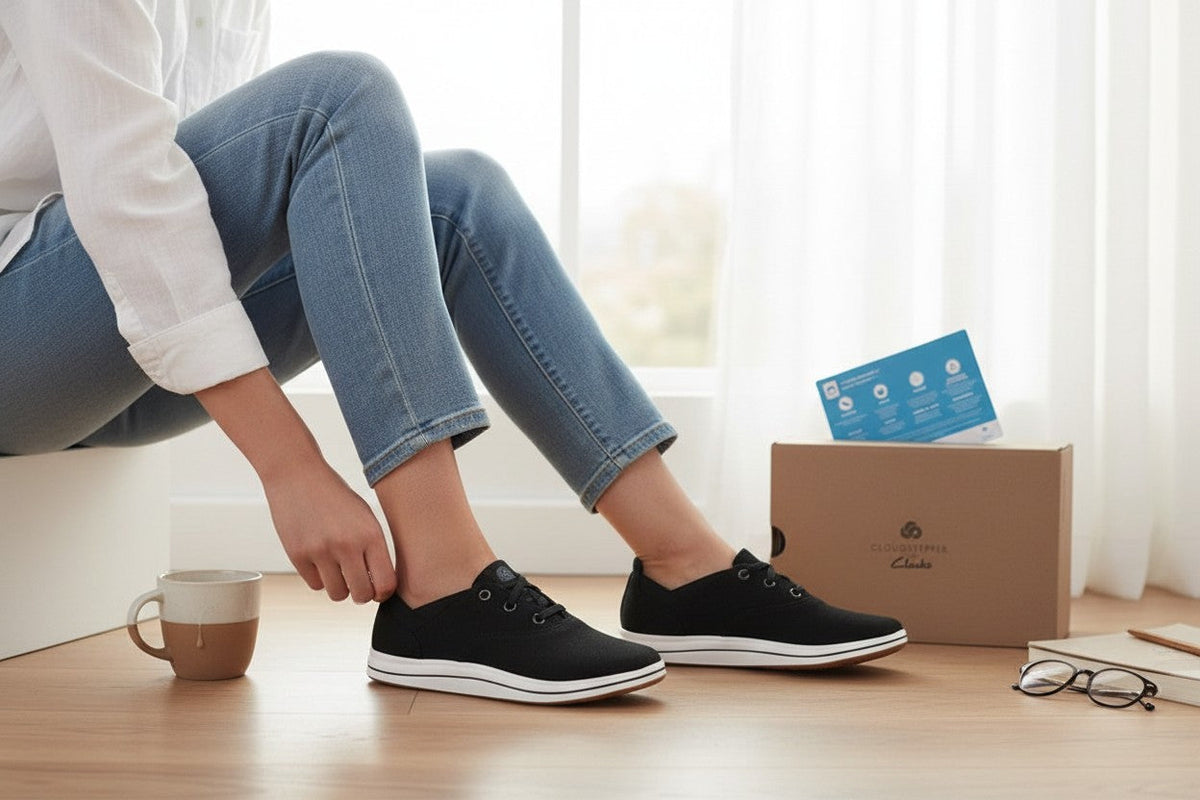 Baskets Frippindealz Clarks Cloudsteppers Brinkley Ave noires en textile avec lacets élastiques et semelle blanche