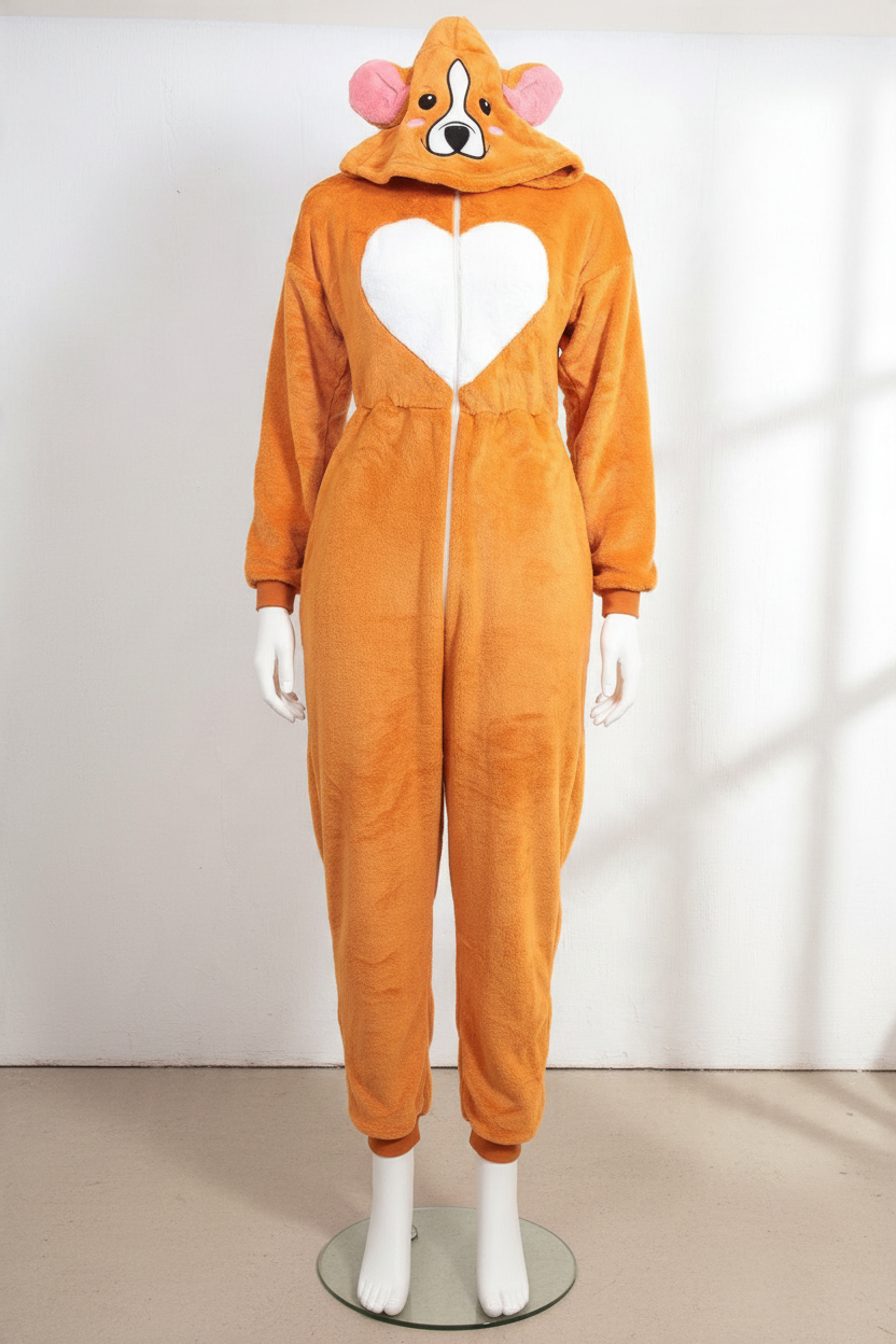 Combinaison pyjama Frippindealz orange en molleton doux avec capuche corgi, oreilles et motif cœur blanc sur le buste