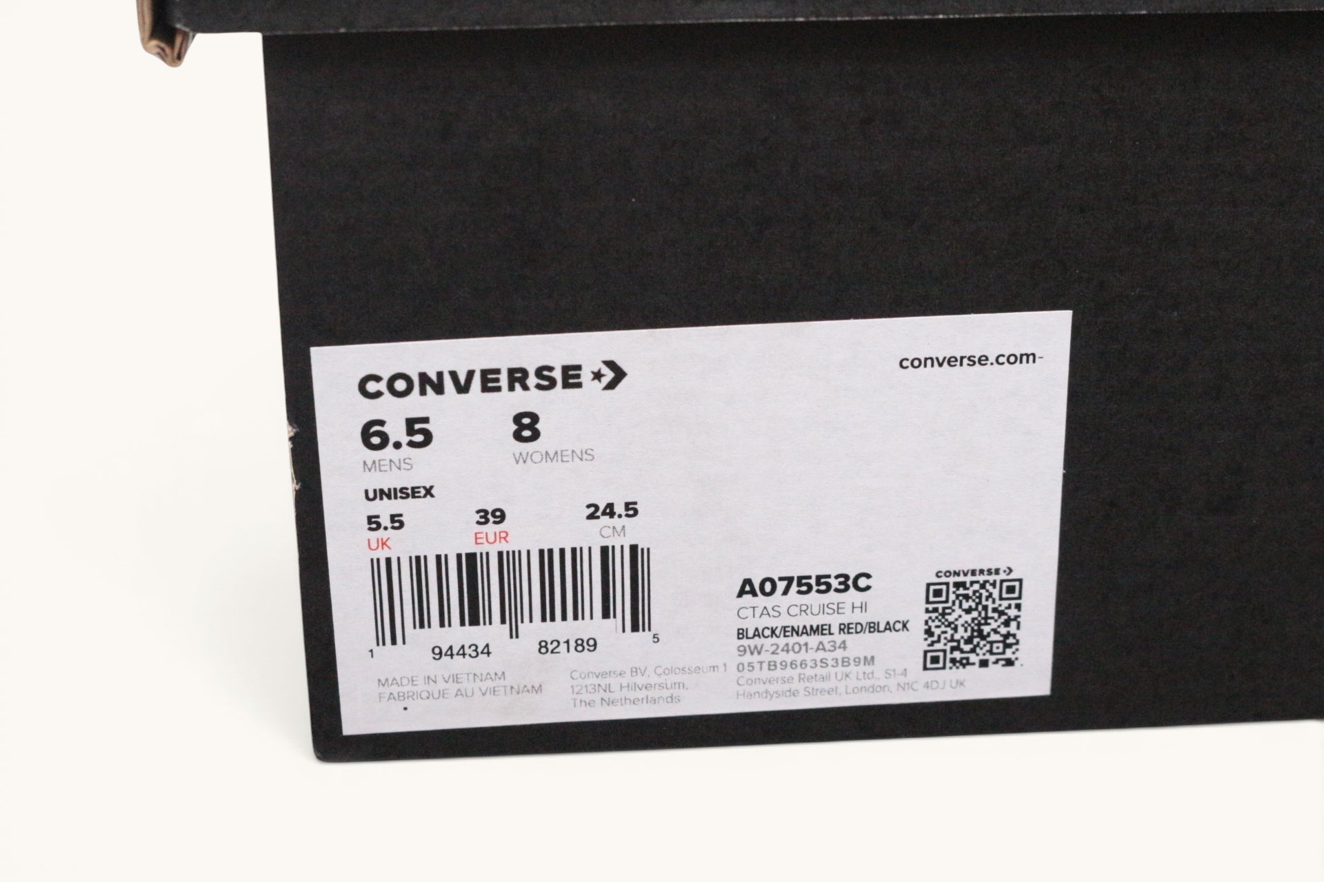 Étiquette de boîte à chaussures Converse Frippindealz pour baskets montantes CTAS Cruise Hi noires et rouges