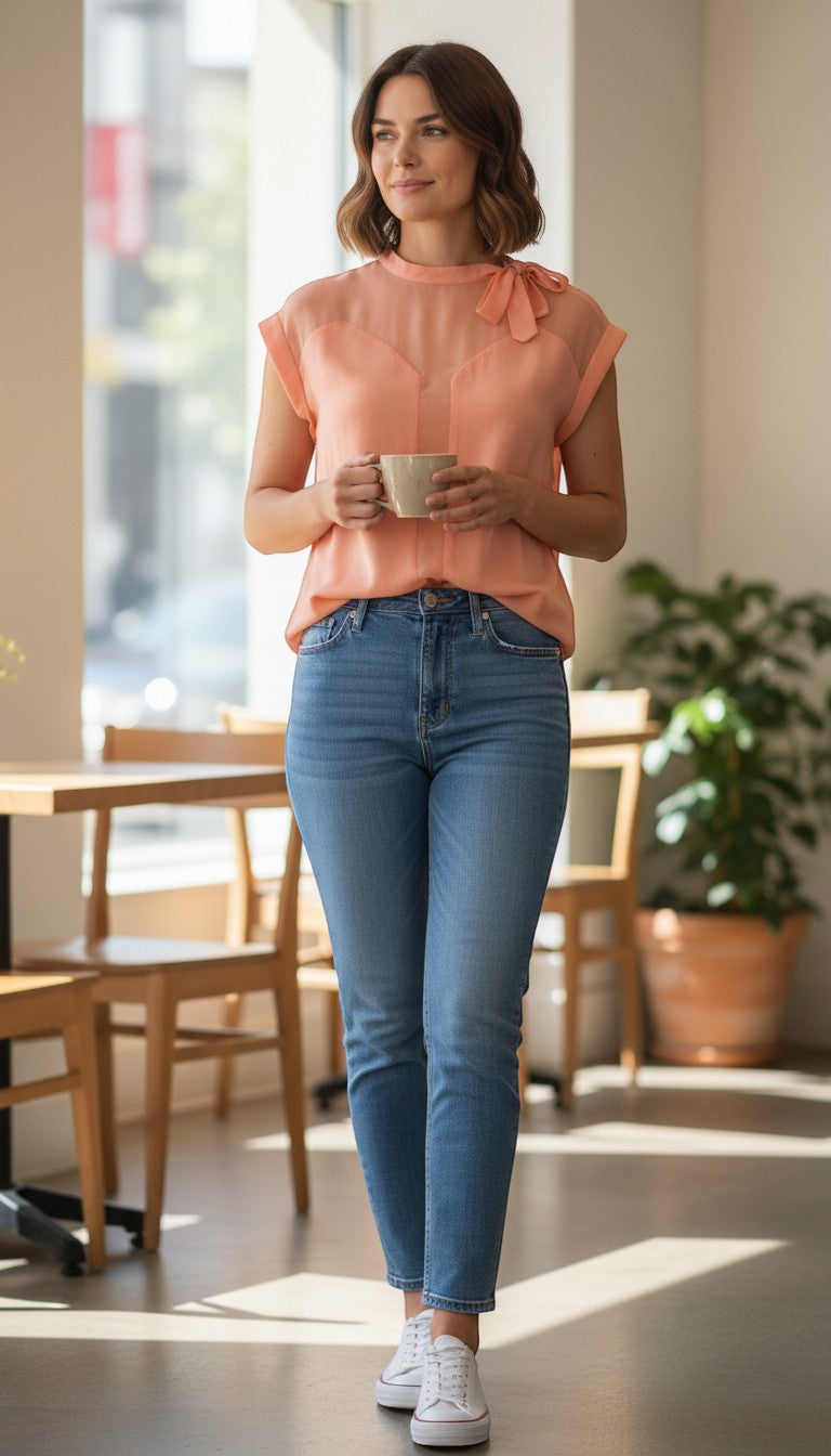 Frippindealz coral polyester top with mock neck and bow detail on shoulder. Short sleeves, elegant style.
