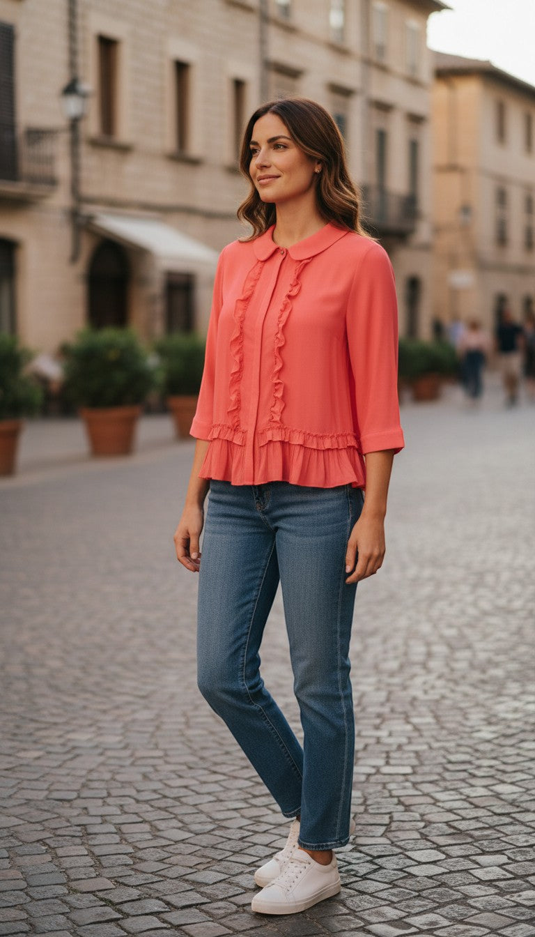 Frippindealz coral rayon polyester blouse with ruffled front and Peter Pan collar. 3/4 sleeves.