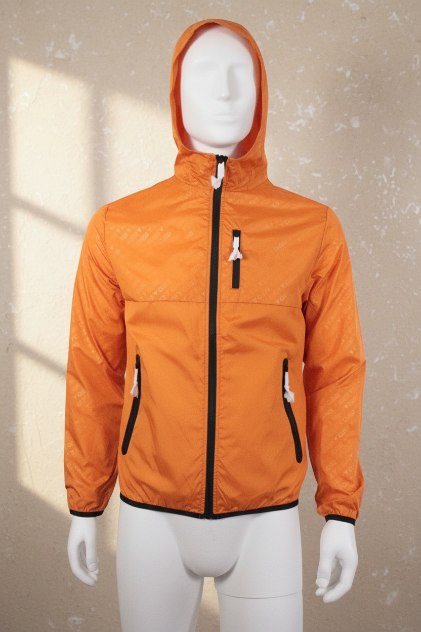 Coupe-vent orange Frippindealz en polyester avec capuche, fermeture éclair noire et logo Guess discret