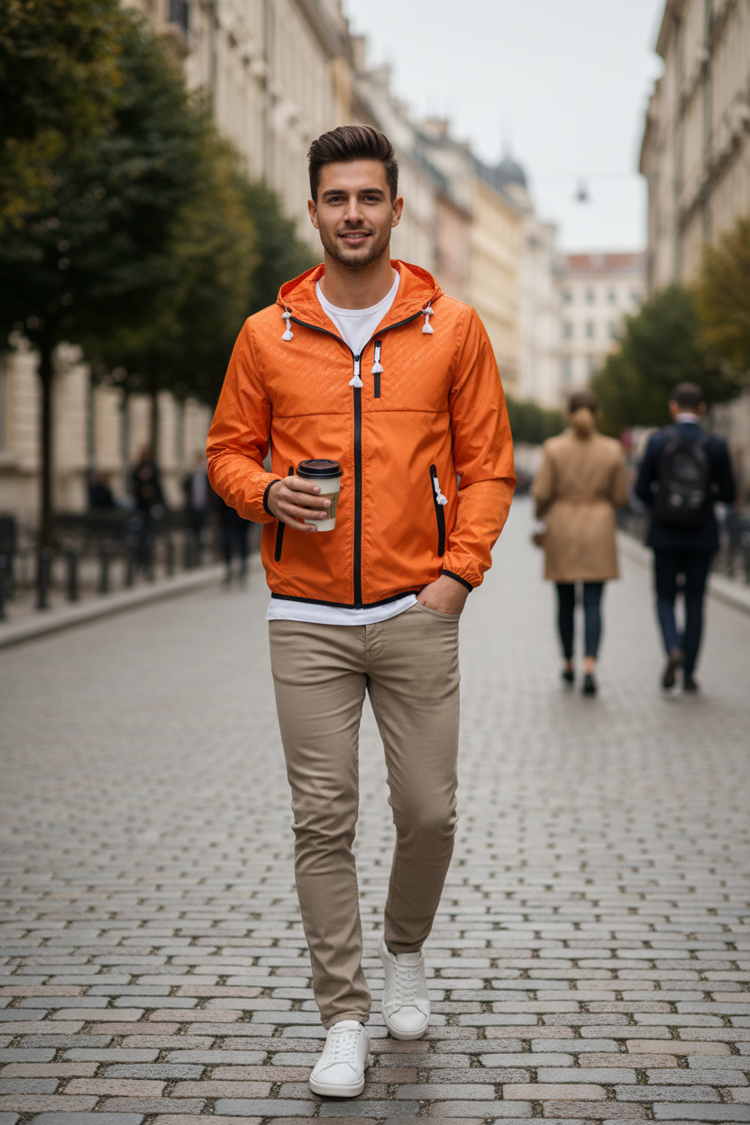 Homme portant un coupe-vent orange vif Guess en polyester avec capuche dans une rue pavée.