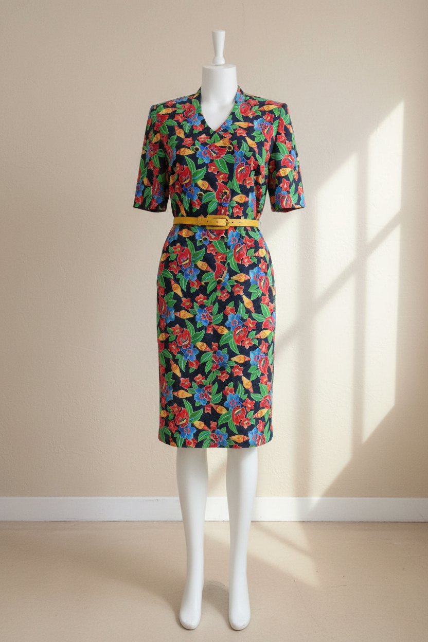 Robe mi-longue Frippindealz Coutureine bleu marine à imprimé floral multicolore en polyester, coupe classique