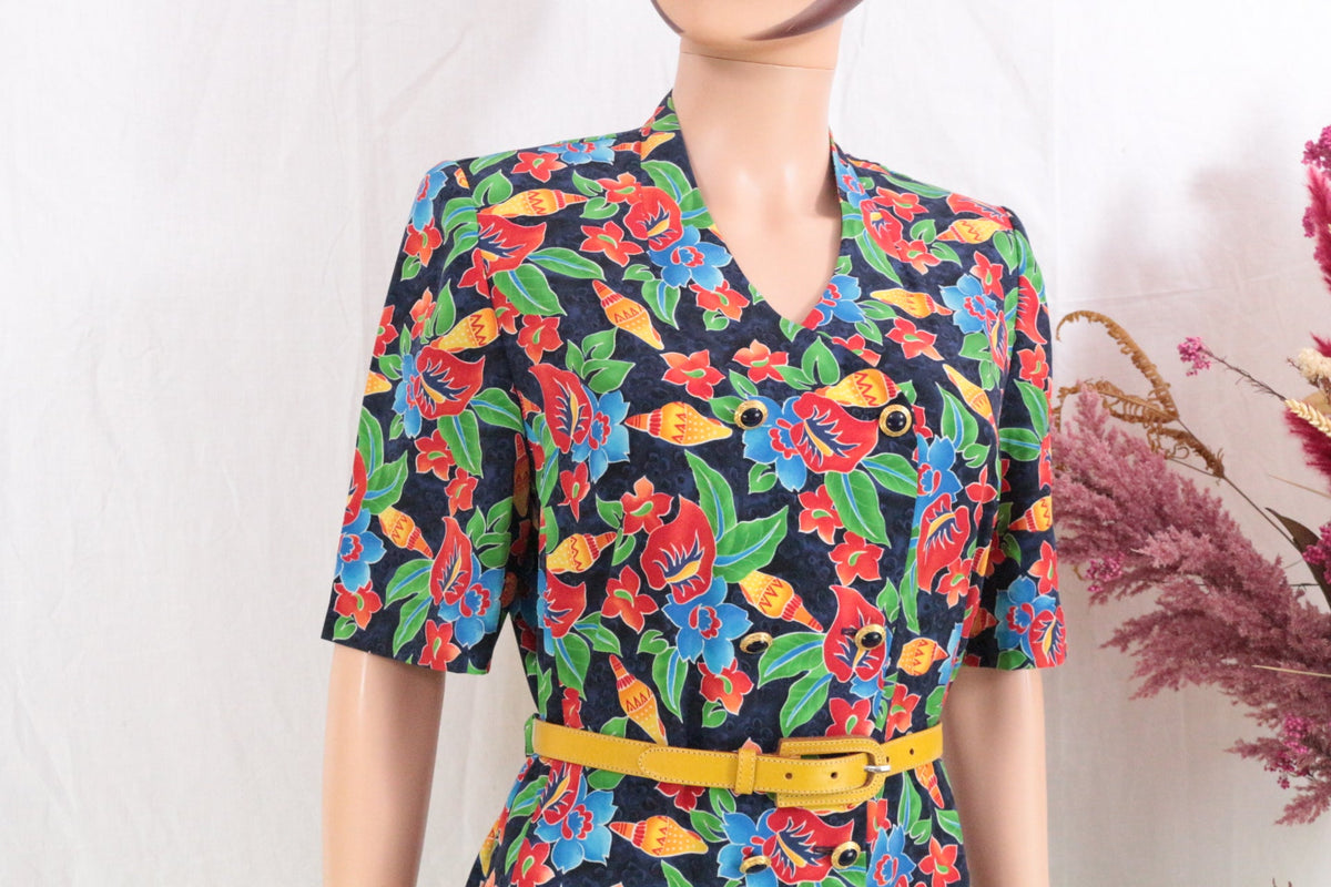 Robe mi-longue Frippindealz Coutureine en polyester bleu marine avec imprimé floral multicolore et col en V