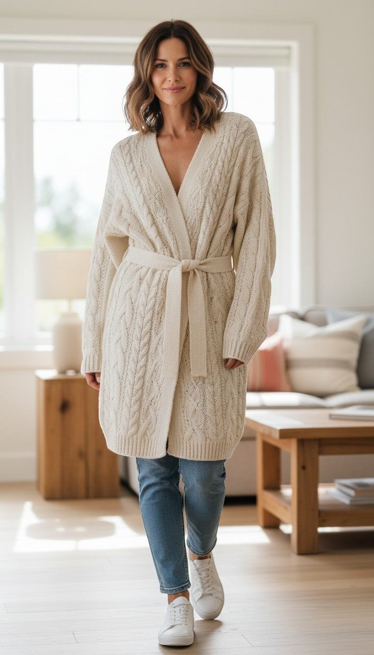 Frippindealz cream cable knit long cardigan with shawl collar and tie waist. Acrylic, polyester, nylon blend.