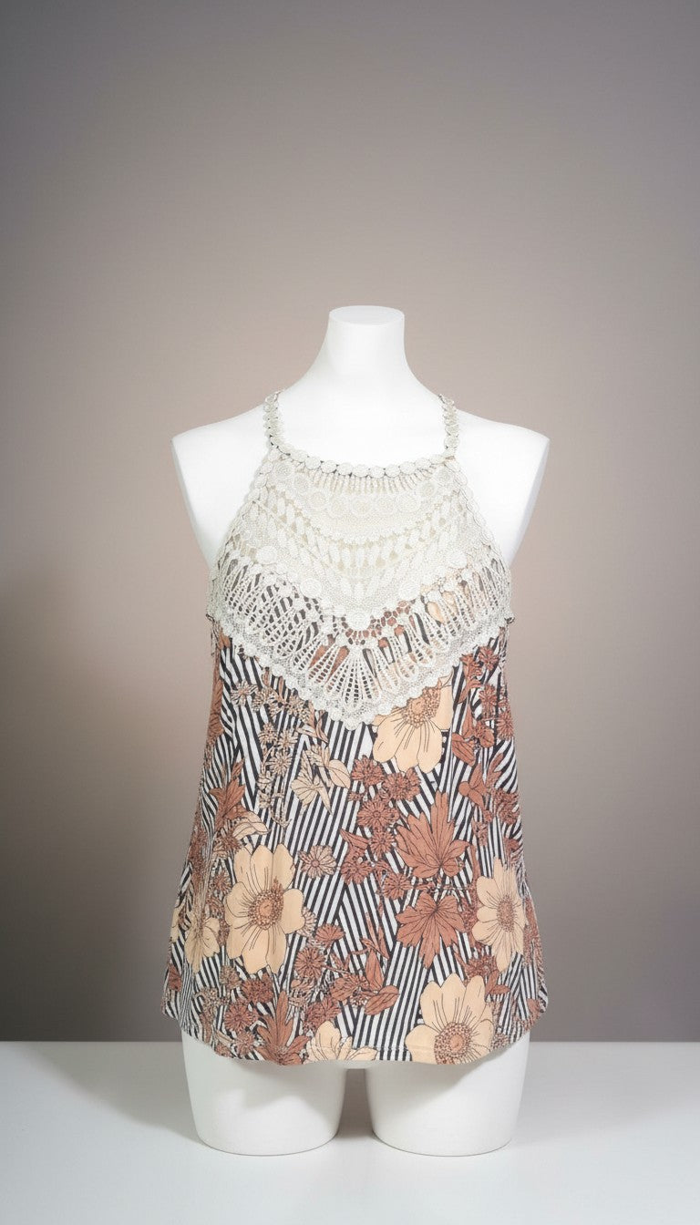 Frippindealz white crochet halter neck maxi dress with floral and stripe print polyester