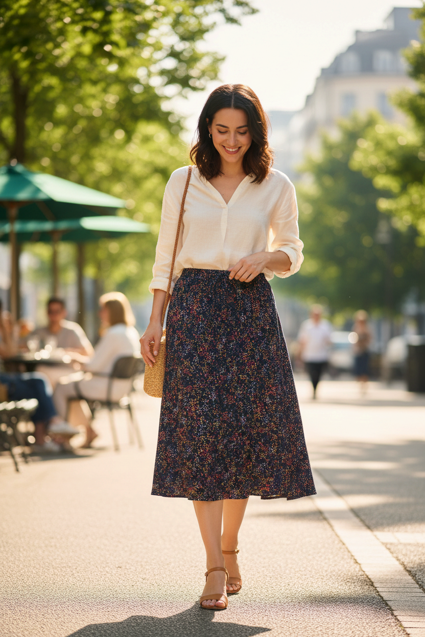 Femme portant une jupe midi fluide Frippindealz à imprimé floral bleu marine, jaune et rouge dans une rue ensoleillée