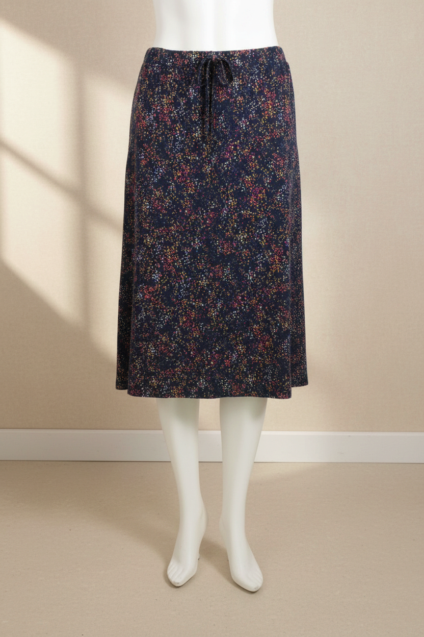Jupe midi fluide Frippindealz en viscose bleu marine avec imprimé floral multicolore et taille élastique à lien