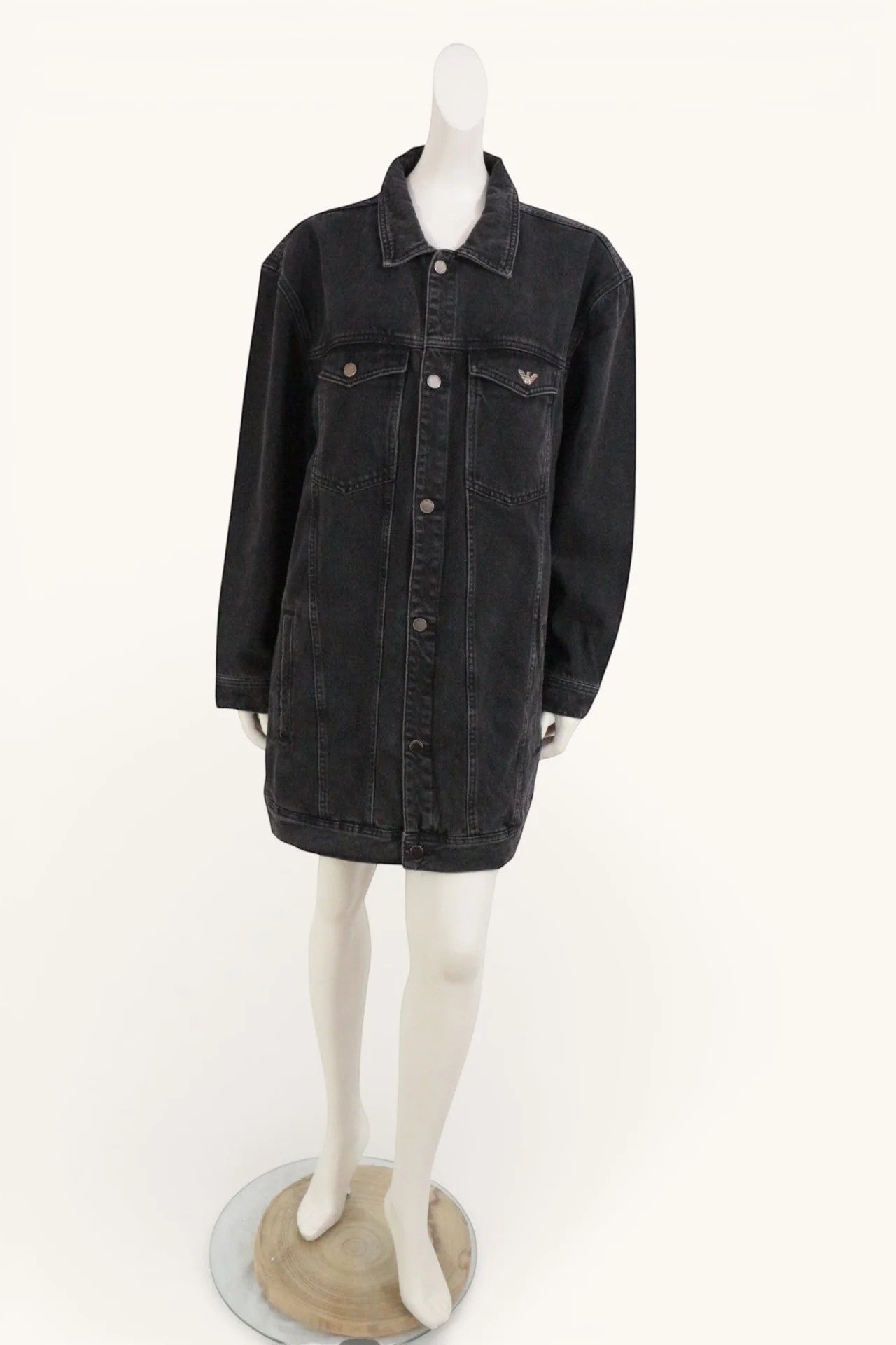Frippindealz dark grey denim jacket dress with button closure and chest pockets.