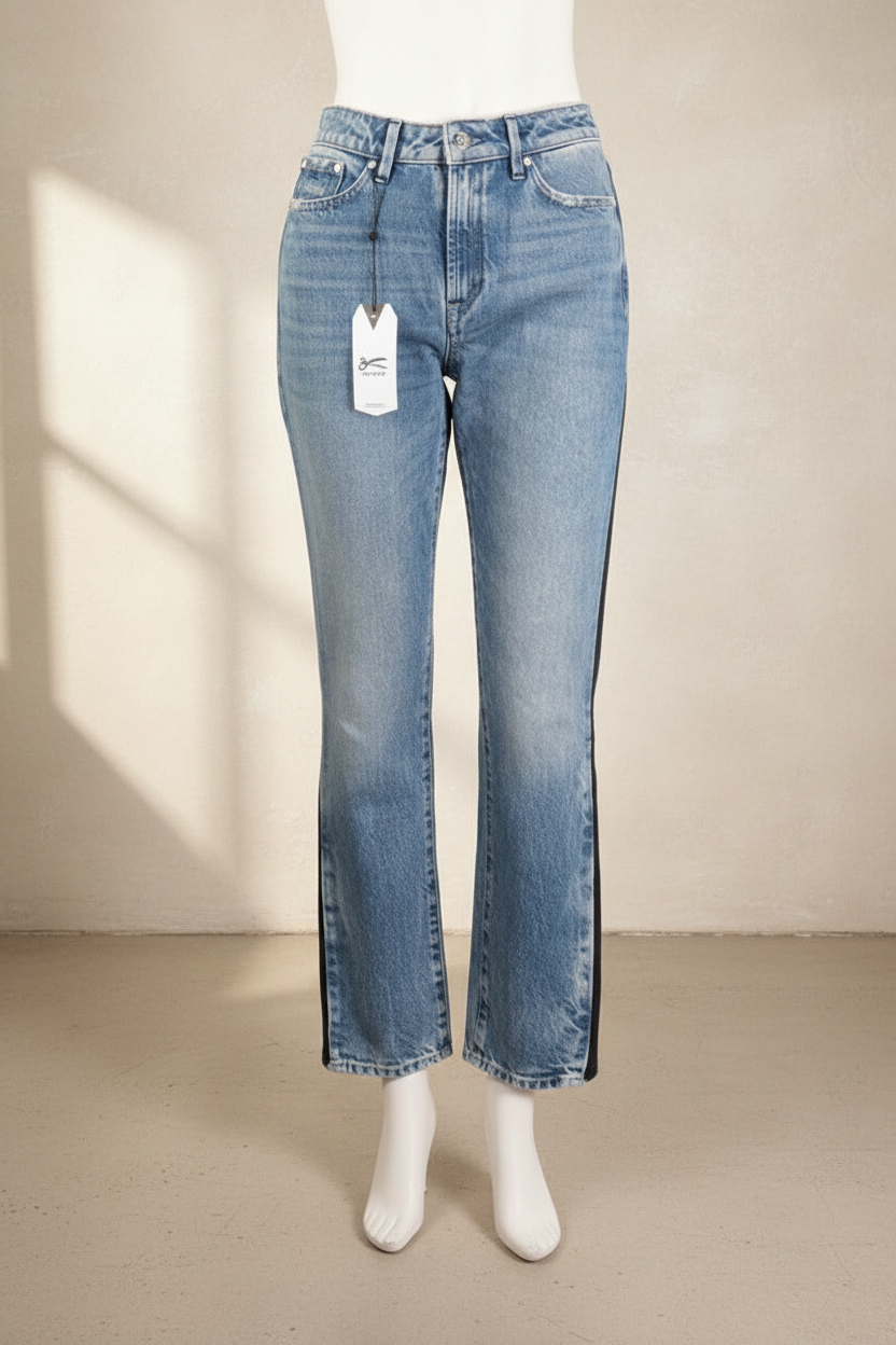Jean droit Frippindealz Denham bleu clair en coton avec taille haute et bandes latérales noires, neuf avec étiquette