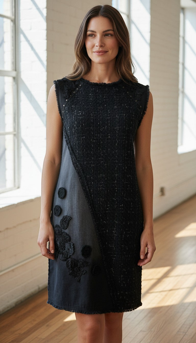 Frippindealz Desigual black cotton midi dress with textured panels and floral applique detail.