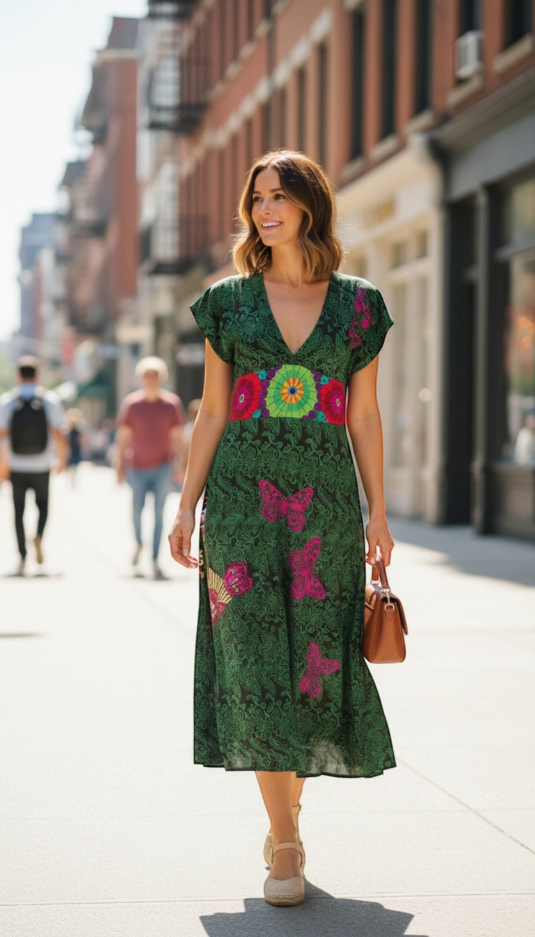 Frippindealz Desigual green cotton midi dress with multicoloured floral and butterfly print, V-neck, short sleeves.