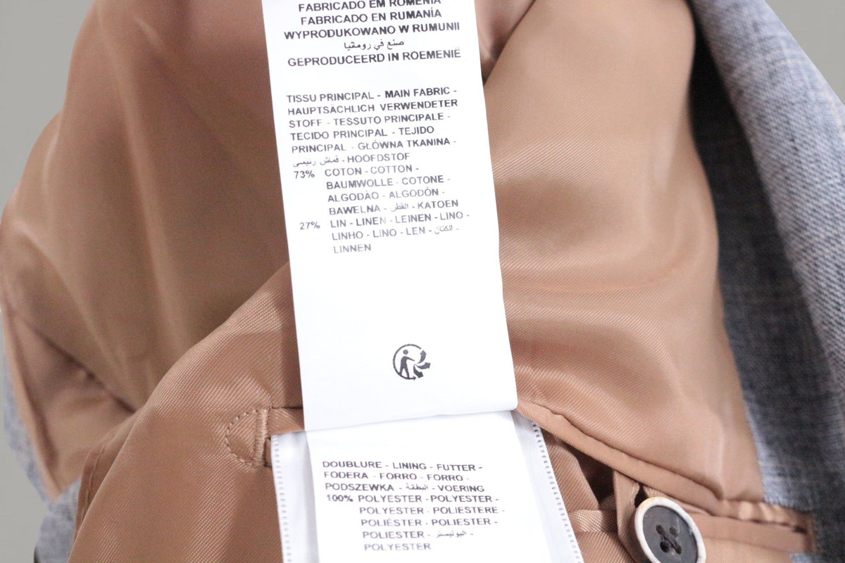 Étiquette de composition intérieure de veste Frippindealz en coton et lin gris avec doublure en polyester