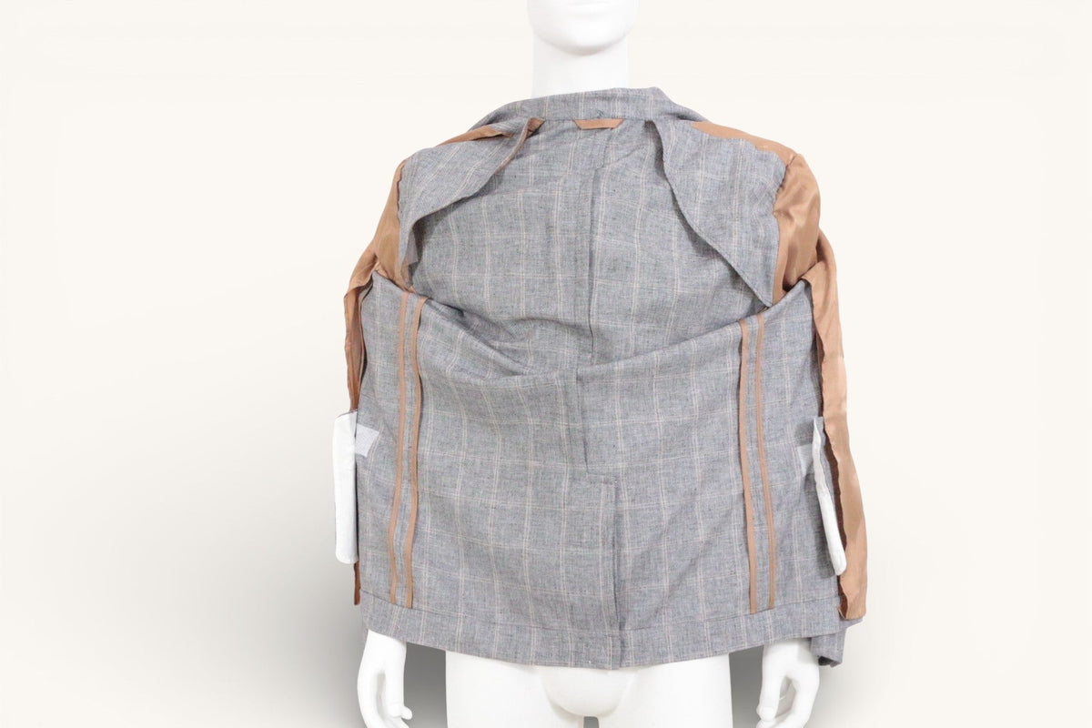 Veste homme Frippindealz Devred grise en coton et lin, vue intérieure montrant la doublure et les finitions