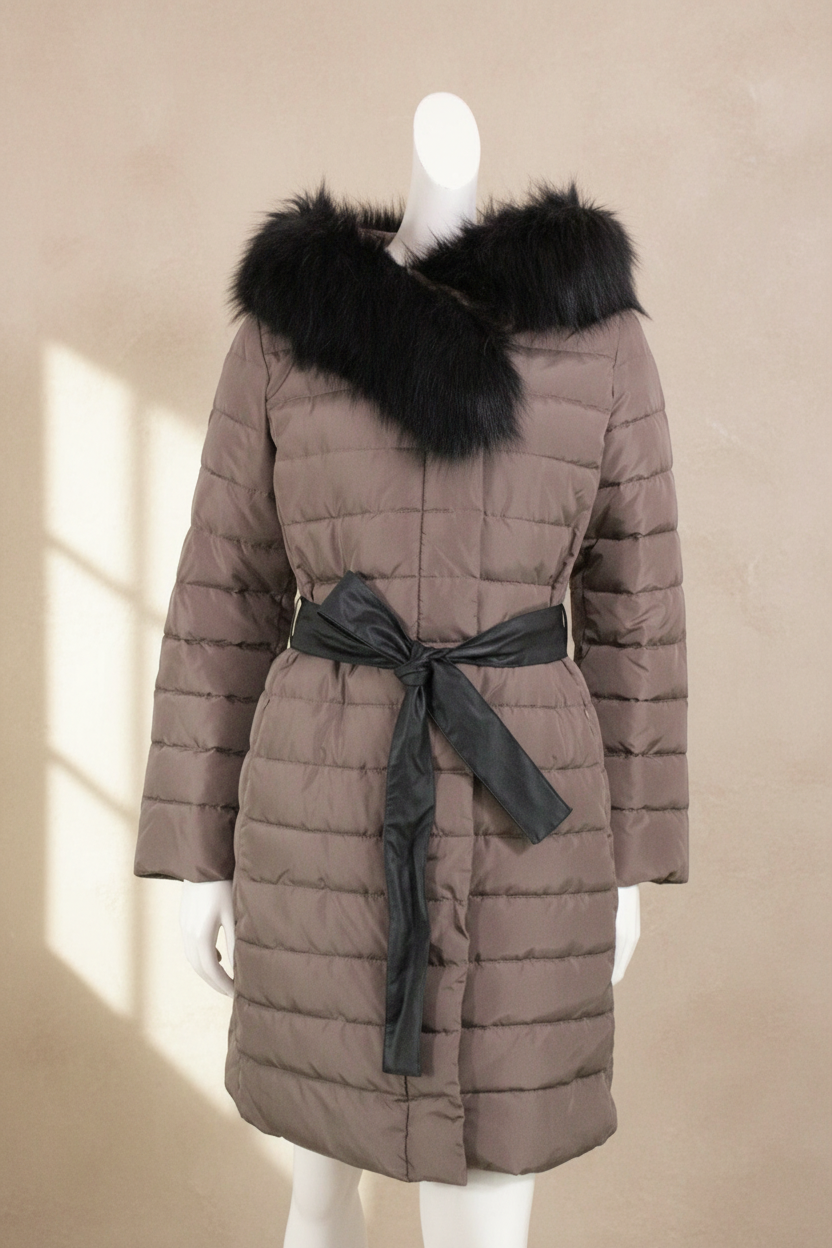 Doudoune beige Oltre Frippindealz avec col en fausse fourrure noire et ceinture à nouer, coupe ajustée élégante.
