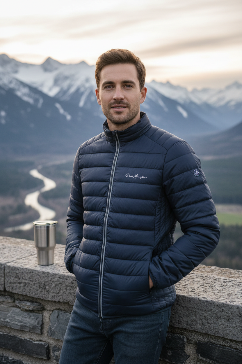 Homme portant une doudoune bleu marine Frippindealz Peak Mountain légère et déperlante devant un paysage de montagne