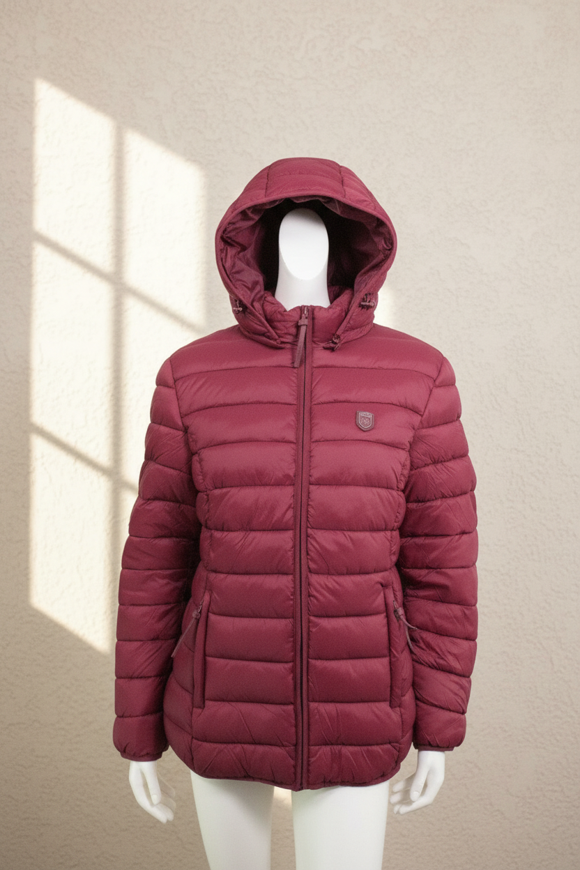 Doudoune matelassée violette Frippindealz avec capuche amovible et fermeture zippée, style imperméable