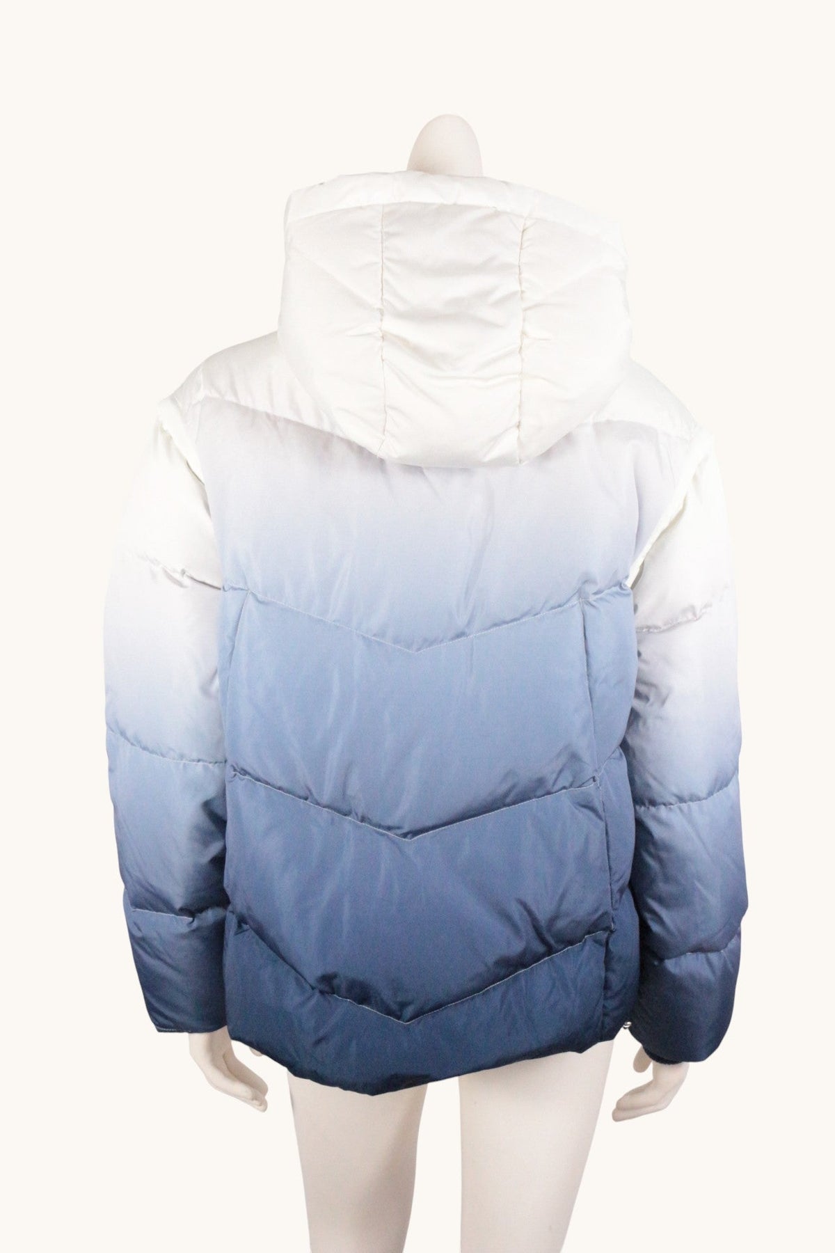 Doudoune 2 en 1 Frippindealz en polyester avec dégradé de bleu et blanc, capuche amovible, vue de dos