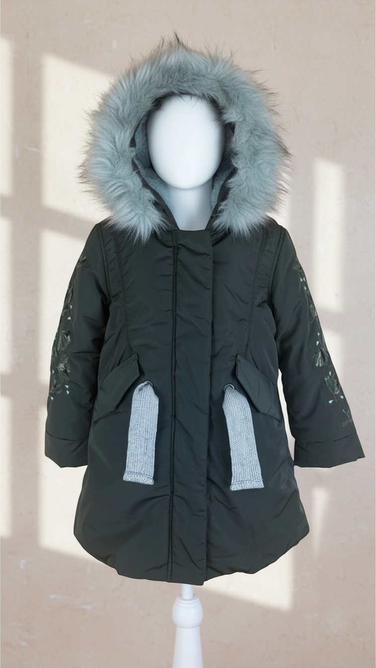 Doudoune kaki Catimini pour enfant avec capuche bordée de fausse fourrure grise, style parka, neuve avec étiquette.