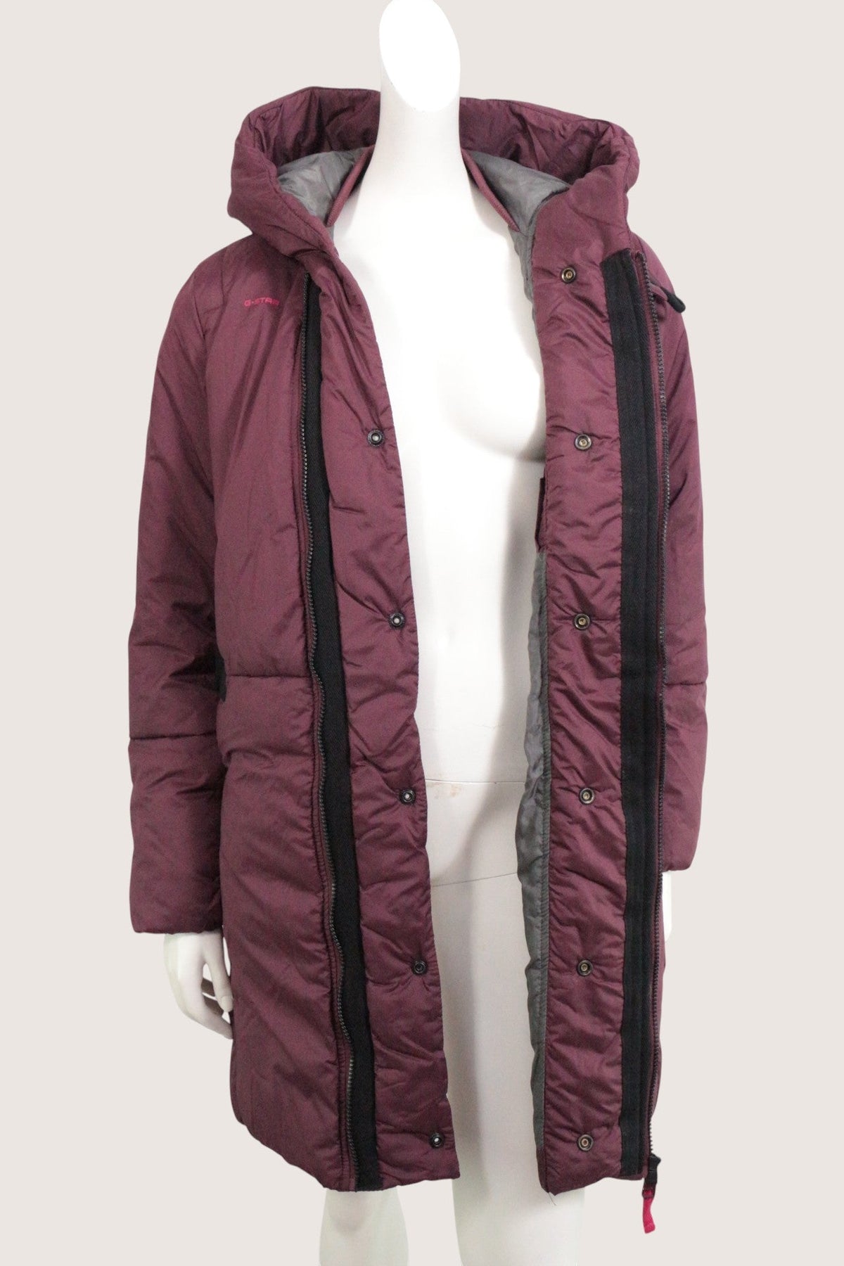 Doudoune longue Frippindealz G-Star Raw couleur bordeaux avec capuche et fermeture zippée pour femme