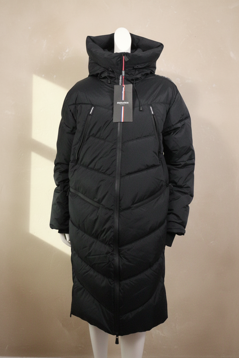 Doudoune longue noire Frippindealz Helvetica avec capuche intégrale et fermeture zippée, état neuf