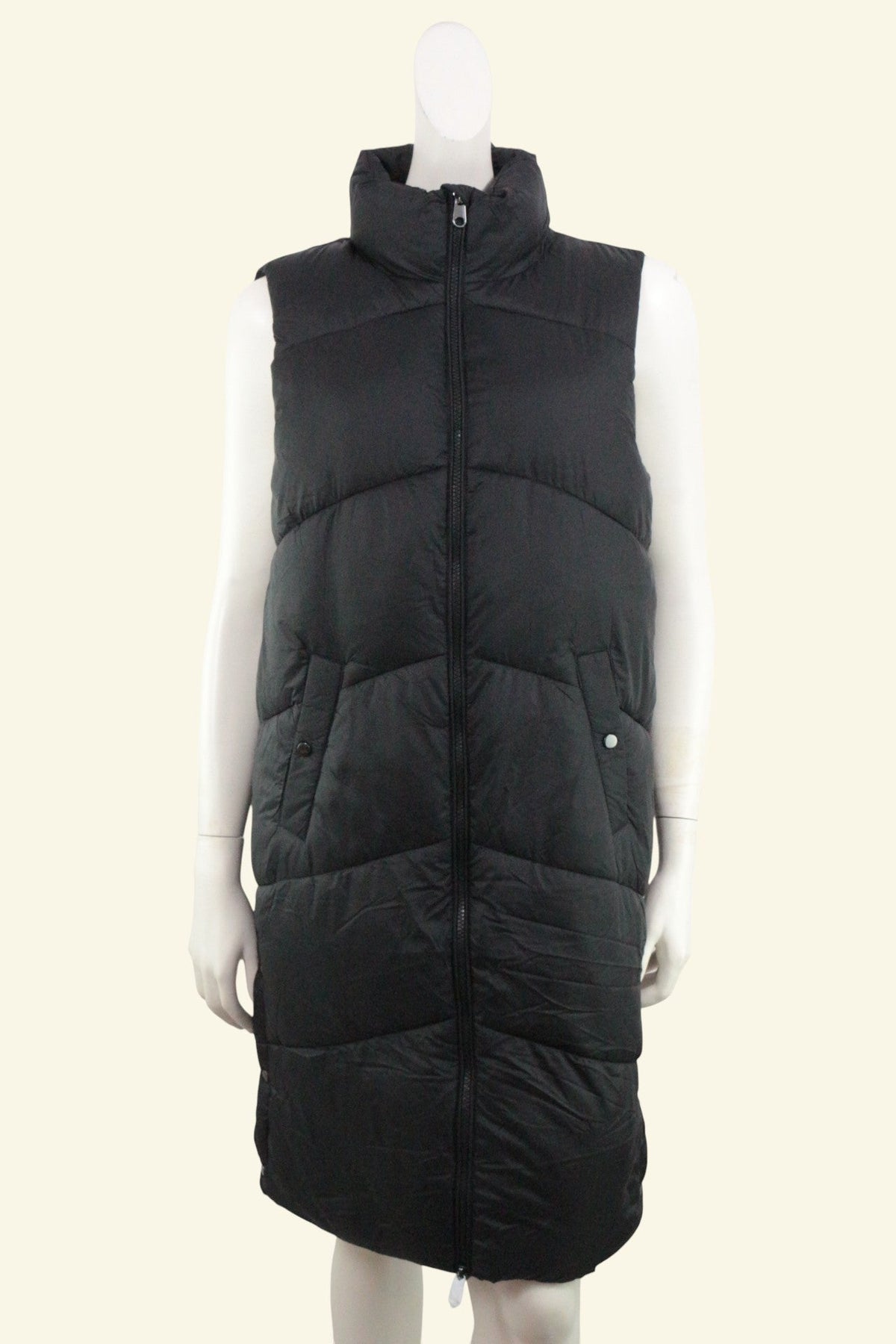 Doudoune longue sans manches noire Frippindealz avec fermeture éclair, coupe oversize et col montant