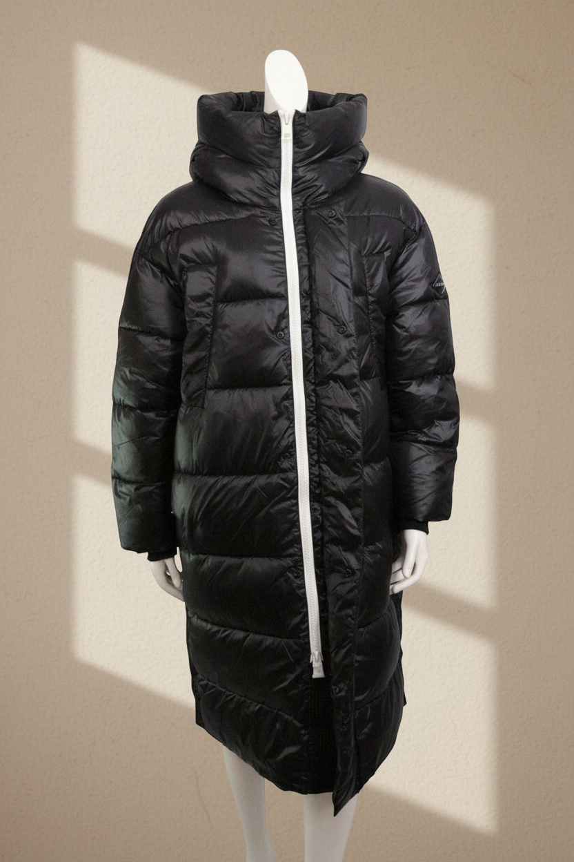 Doudoune longue noire pour femme Frippindealz avec capuche intégrée et fermeture éclair blanche contrastante