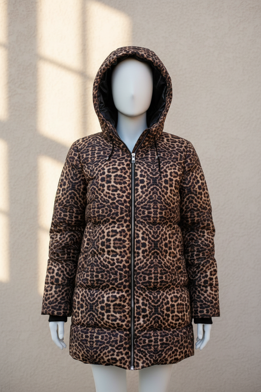 Doudoune Maje Frippindealz à capuche avec imprimé léopard beige et marron, fermeture zippée, coupe droite.